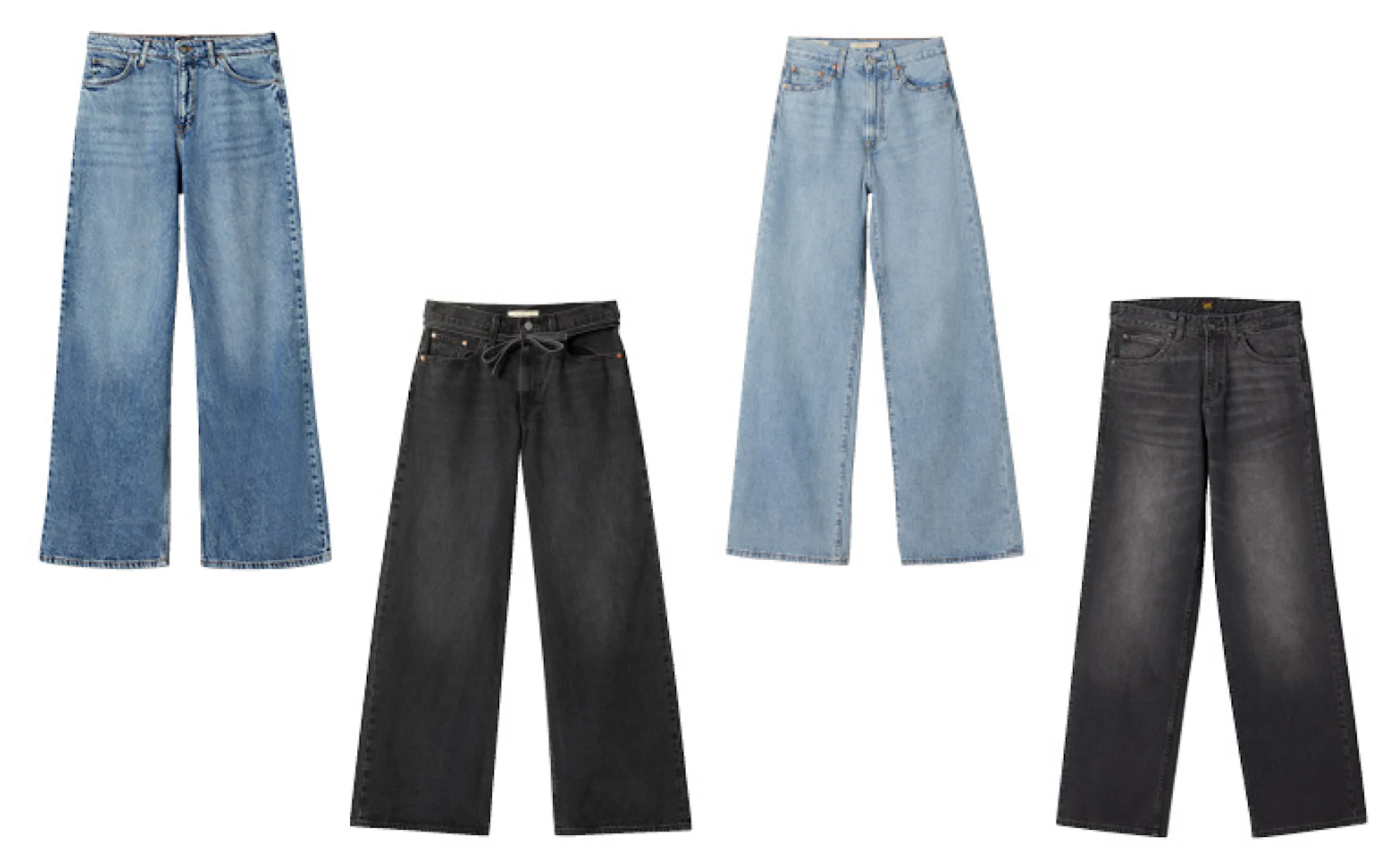 Fyra par jeans i olika stilar: blå wide-leg, svarta med knytband, ljusblå raka och mörkgrå raka jeans.