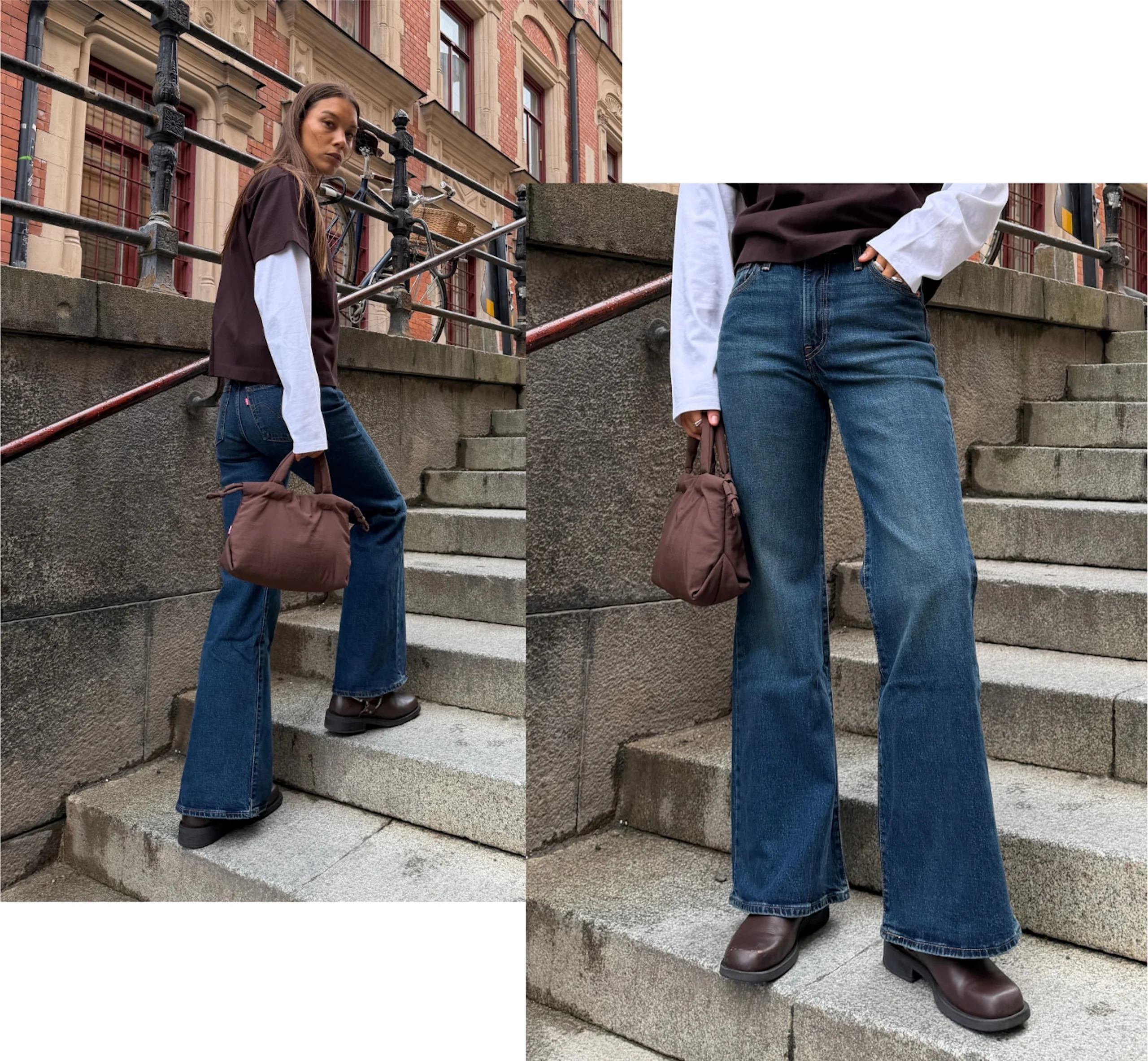 Ung kvinne som går opp steintrapp, iført hvit langermet underlag under brunt overplagg, vide blå jeans, brune støvler, holder liten brun håndveske.