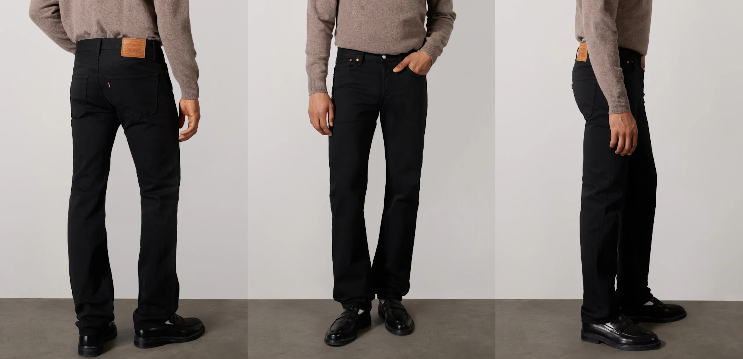 Manlig modell i svarta raka jeans och svarta loafers, visad bakifrån, framifrån och från sidan mot en neutral studiobakgrund.