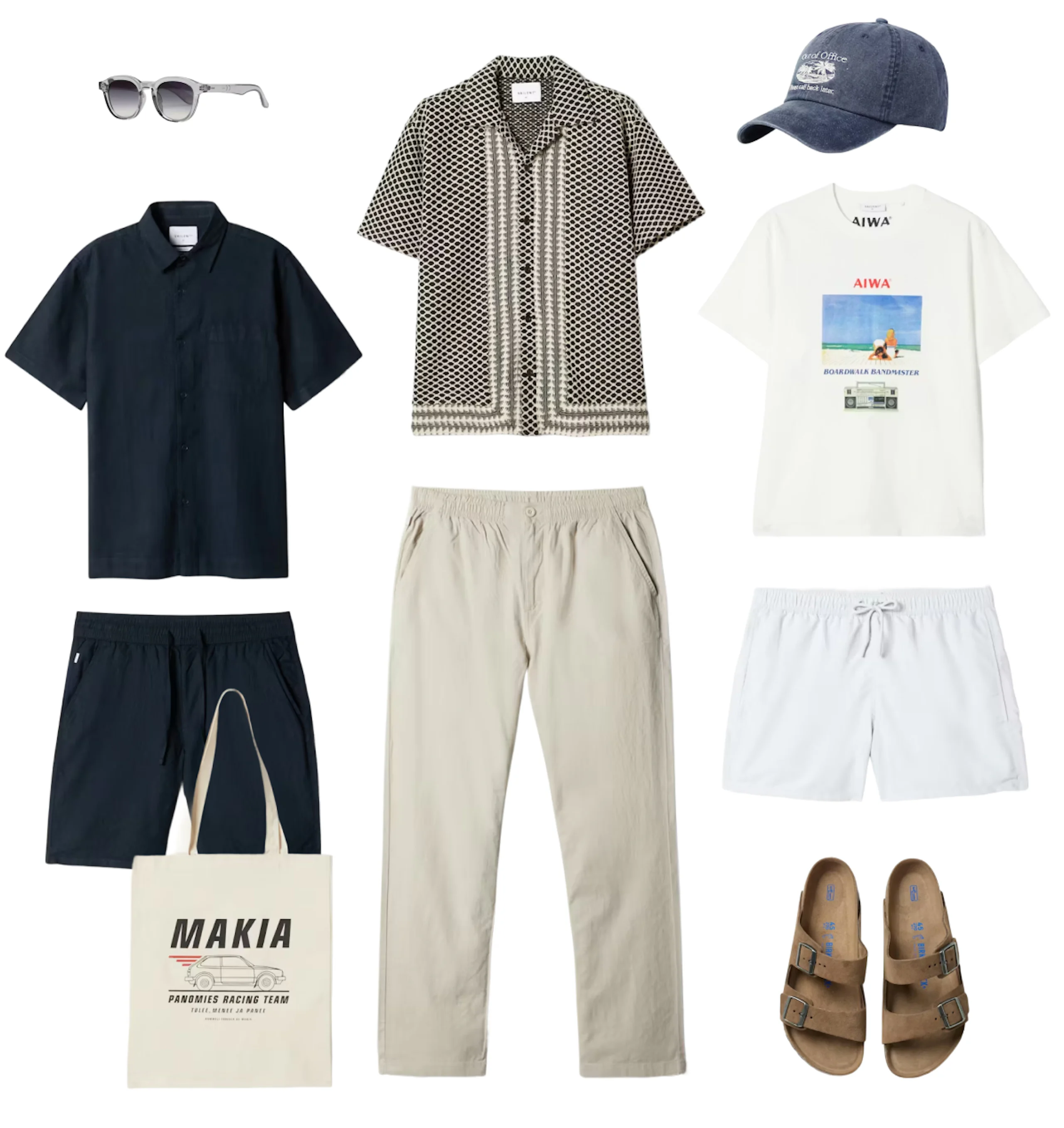 Sommaroutfit med skjortor, shorts, beige byxor, t-shirt, sandaler, keps, solglasögon och tygkasse.