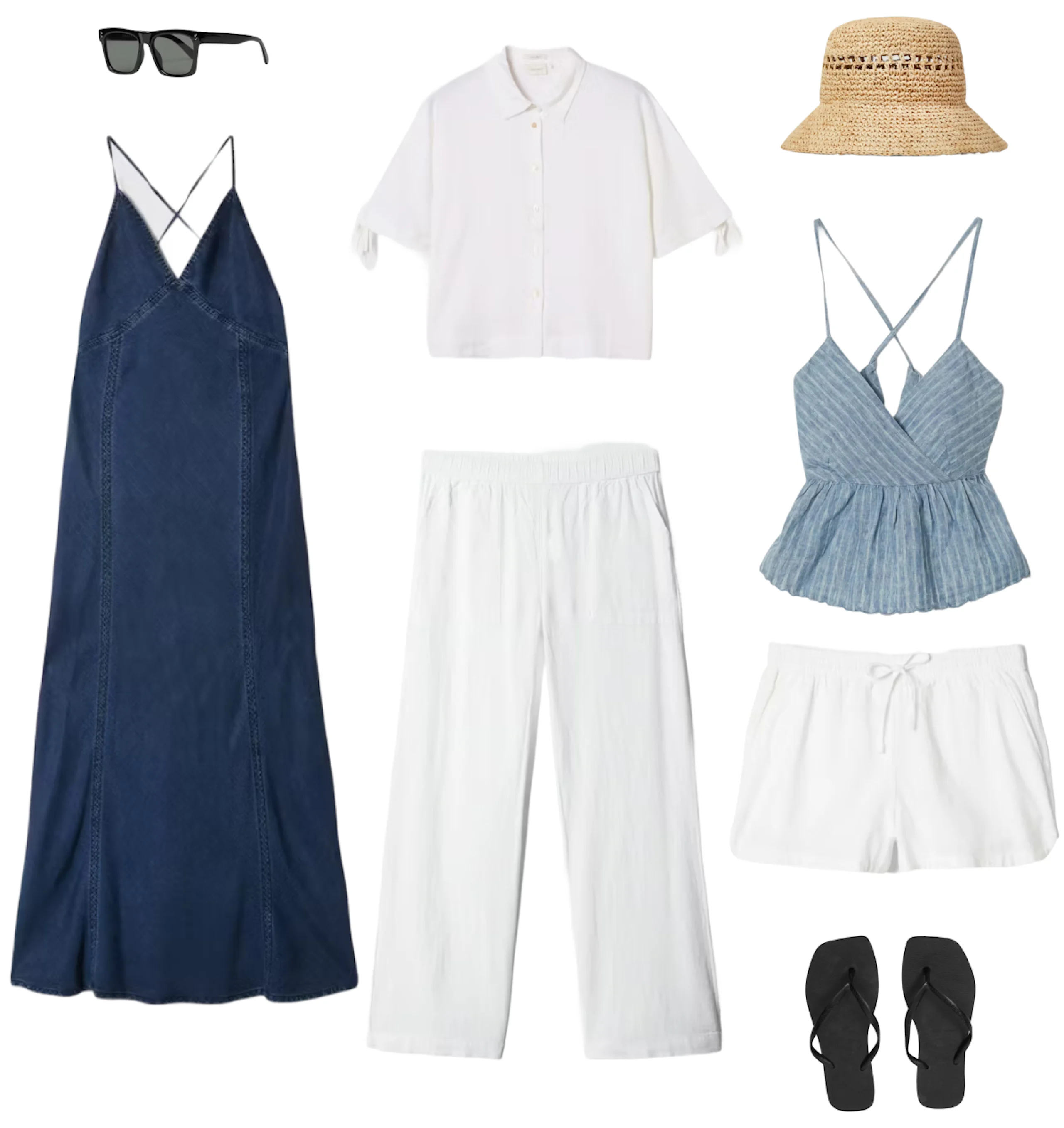 Sommarkläder: blå jeanklänning, vit skjorta, vita byxor, blå topp, vita shorts, halmhatt, solglasögon och svarta flip-flops.