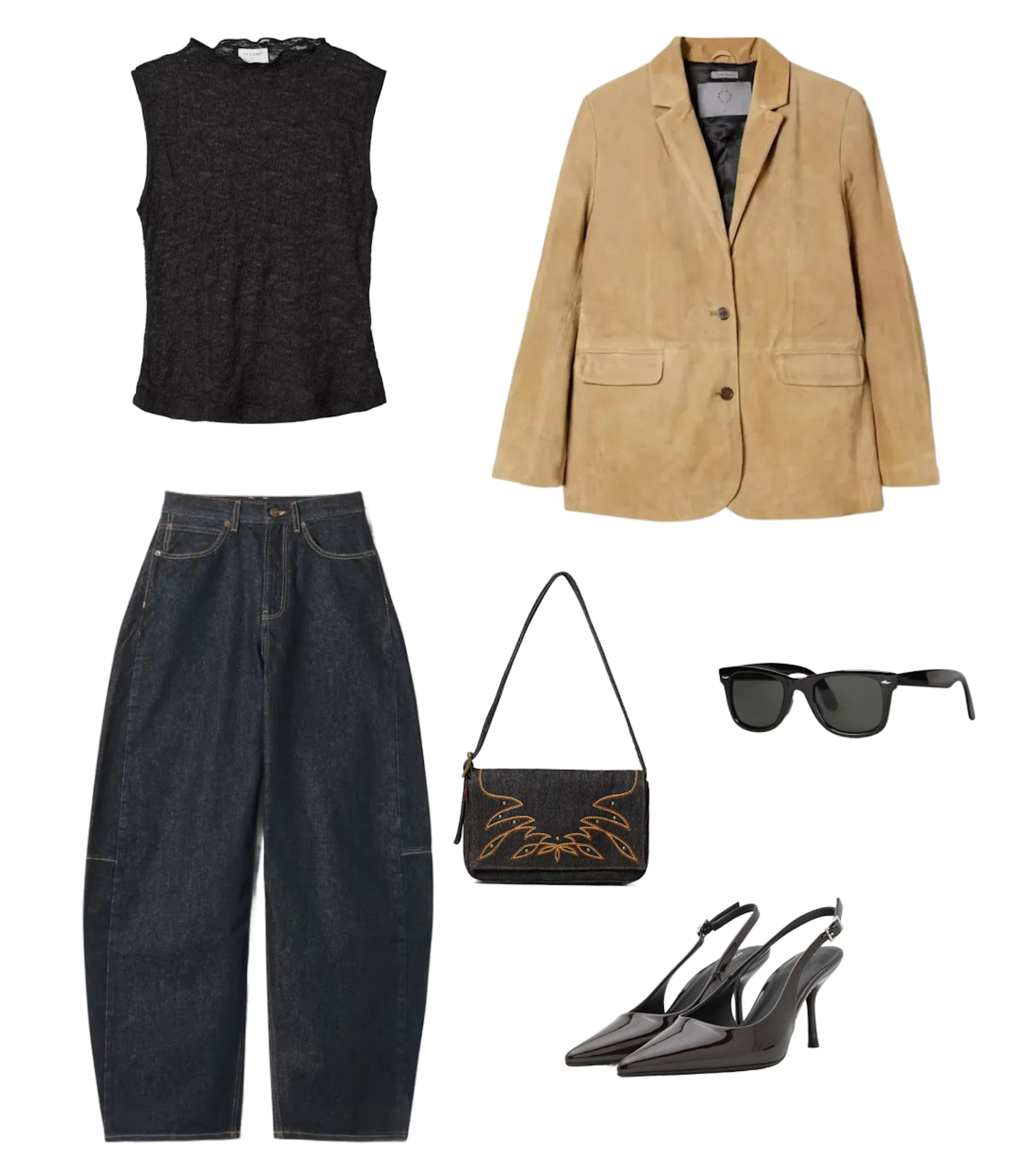 Antrekkskollasje med svart ermeløs topp, beige semsket blazer, mørke wide-leg jeans, sort skulderveske, solbriller og svarte slingback-pumps.