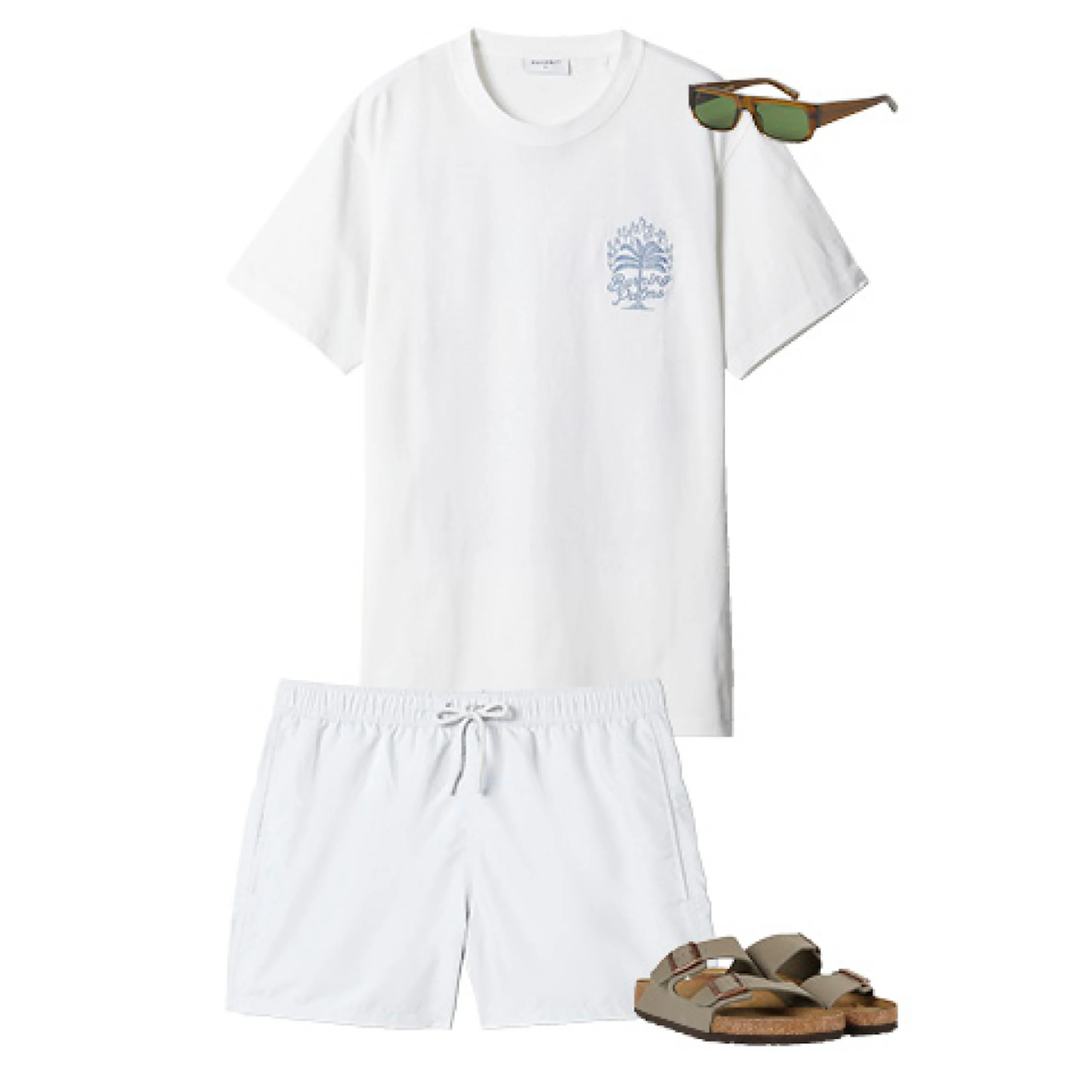 Vit t-shirt med blått palmtryck, vita badshorts, beige sandaler och bruna solglasögon med gröna glas.