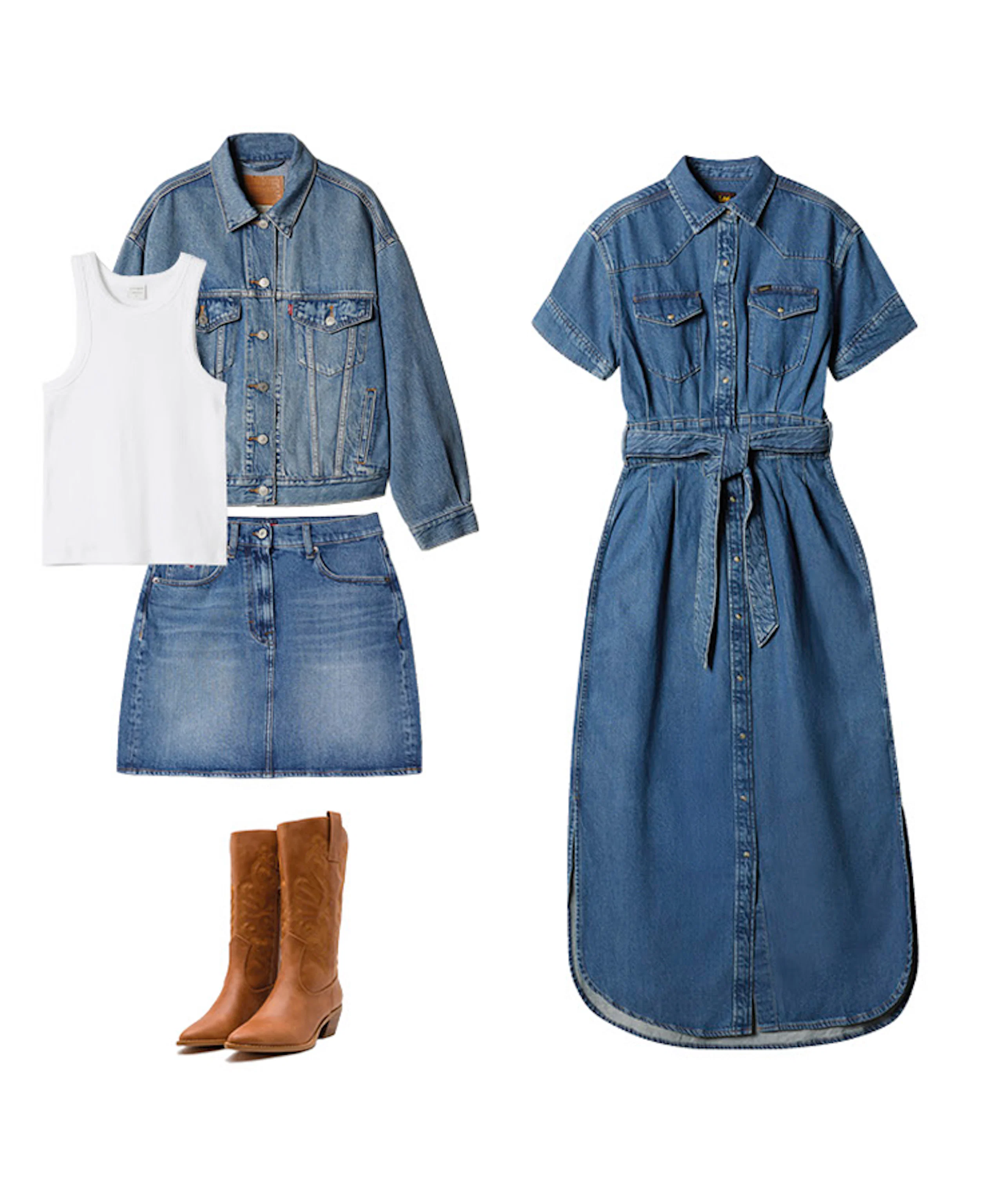 To antrekk: denimjakke med hvit singlet og denimskjørt med brune cowboystøvler, samt en blå denimkjole med belte.