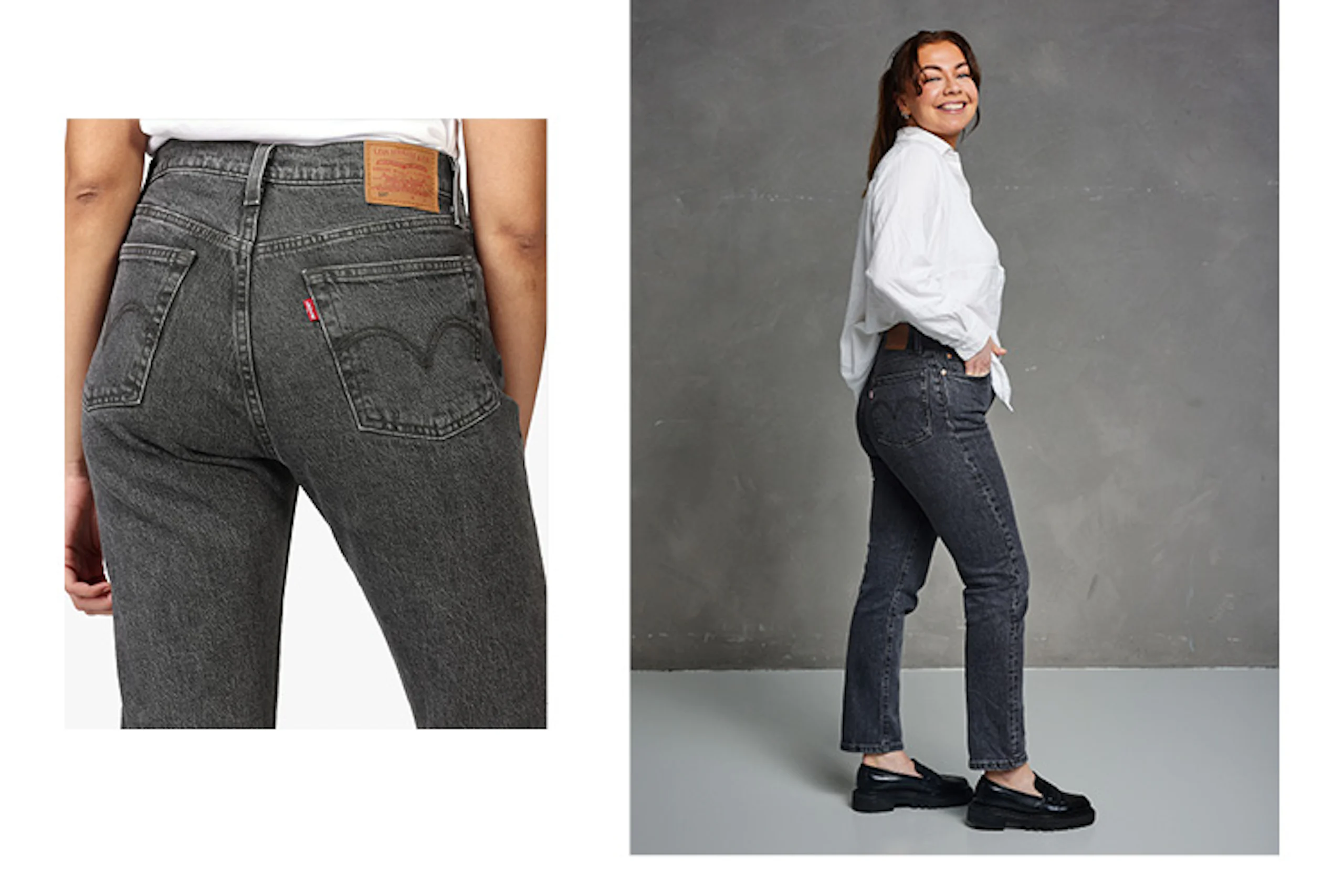 Kvinna som ler i vit skjorta, bär högmidjade, urblekta svarta Levi's-jeans; bak- och helsidosvyer som visar bakfickor och passform.