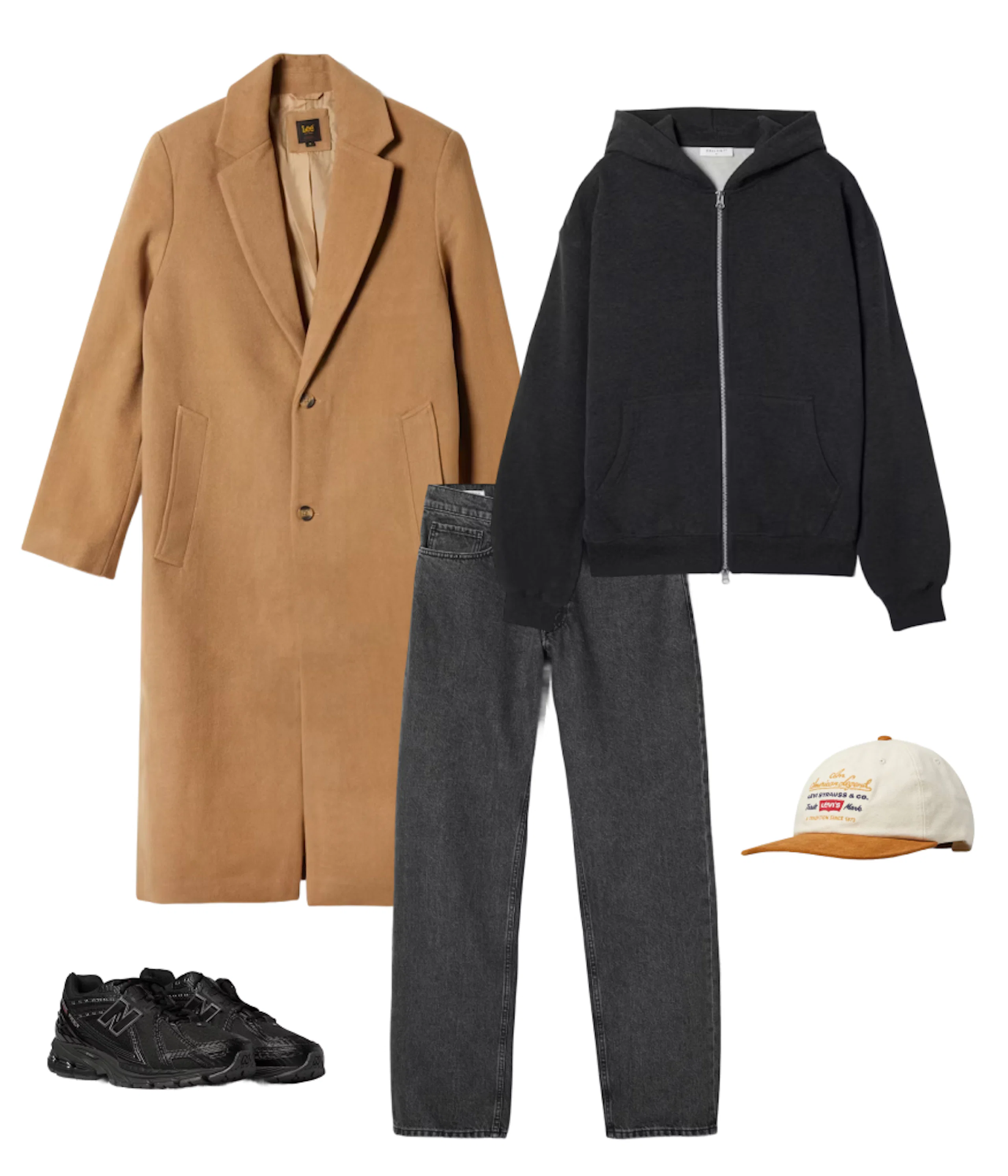 Outfitkollaž med beige kappa, svart zip-hoodie, grå jeans, svarta New Balance-sneakers och en Levis-keps i beige och brun.