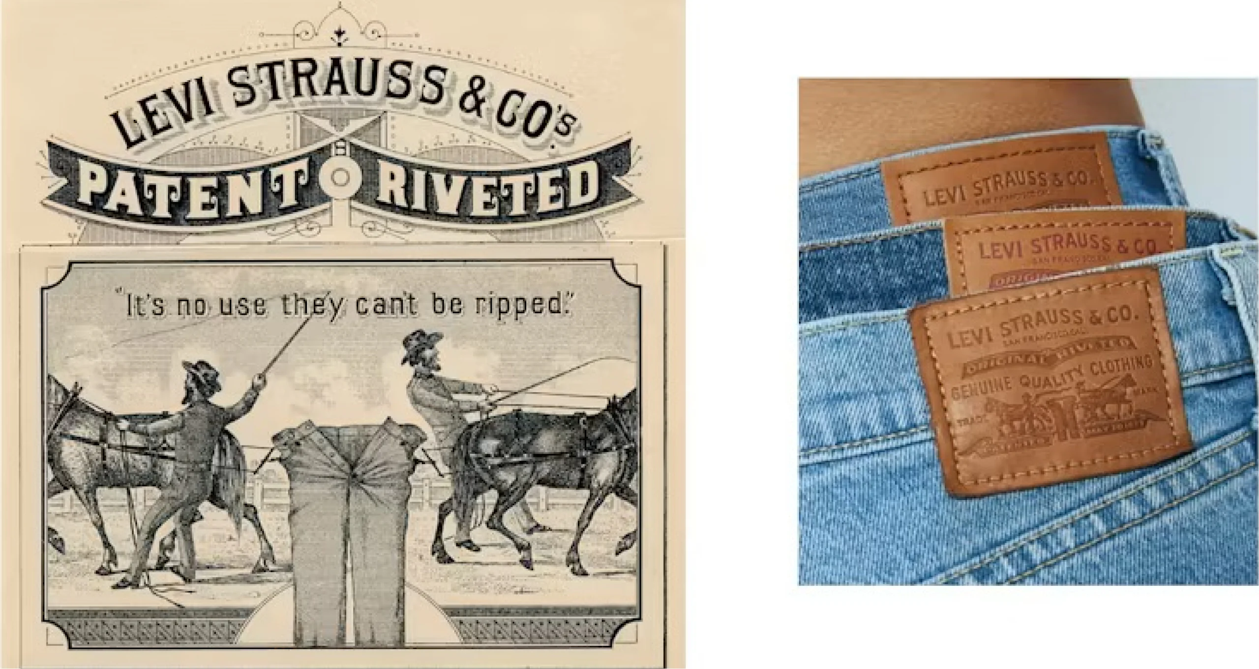 Vintage Levi Strauss & Co.-annons med patentnitar till vänster och staplade blå jeans med läderetiketter från Levi's i midjan till höger.