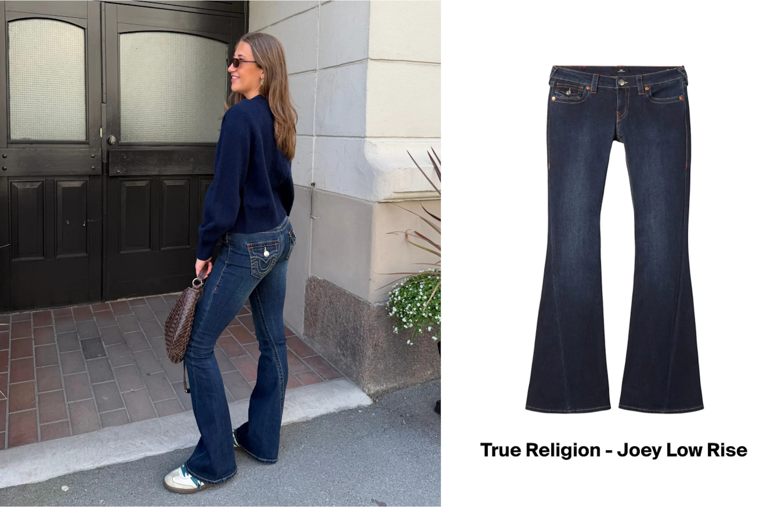 Kvinna stående utomhus i mörka utsvängda jeans och marinblå tröja, håller en flätad brun väska, sedd bakifrån och snett från sidan.