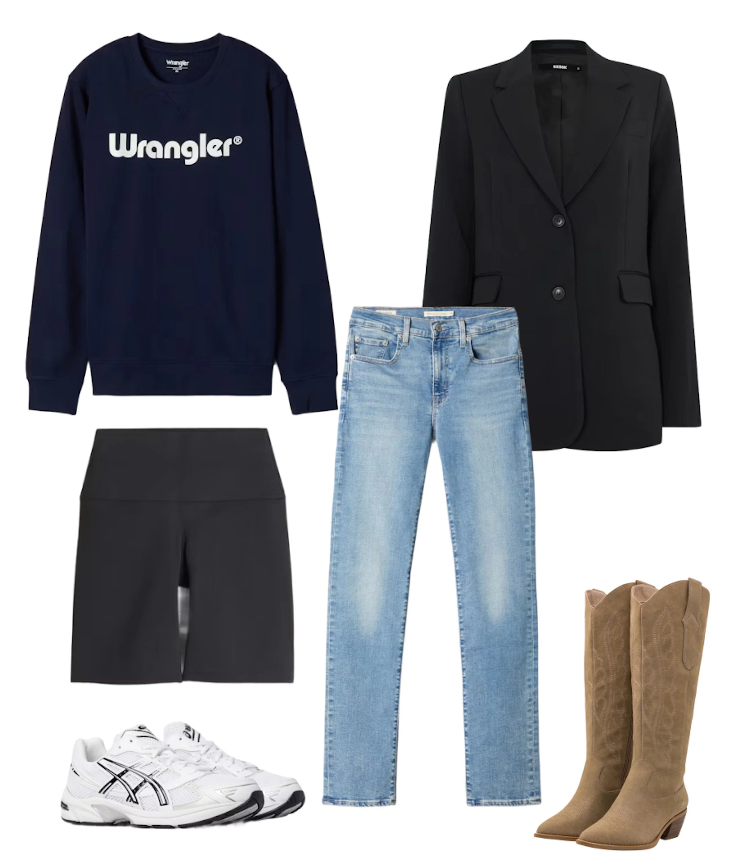 Vaatekollaasi: Wrangler-collegepaita, musta bleiseri, farkut, musta shortsihame, valkoiset lenkkarit ja beigit cowboy-saappaat.