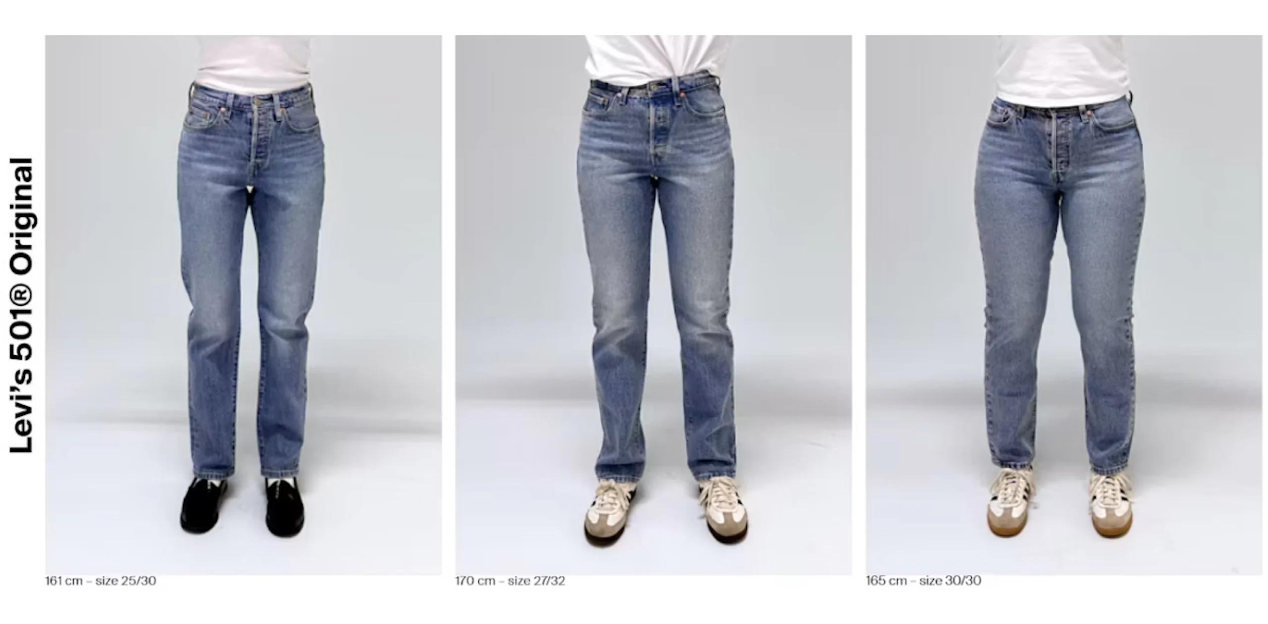 Tre personer viser Levi's 501 Original jeans i ulike størrelser: 25/30, 27/32 og 30/30, i lyseblå denim med hvit topp.