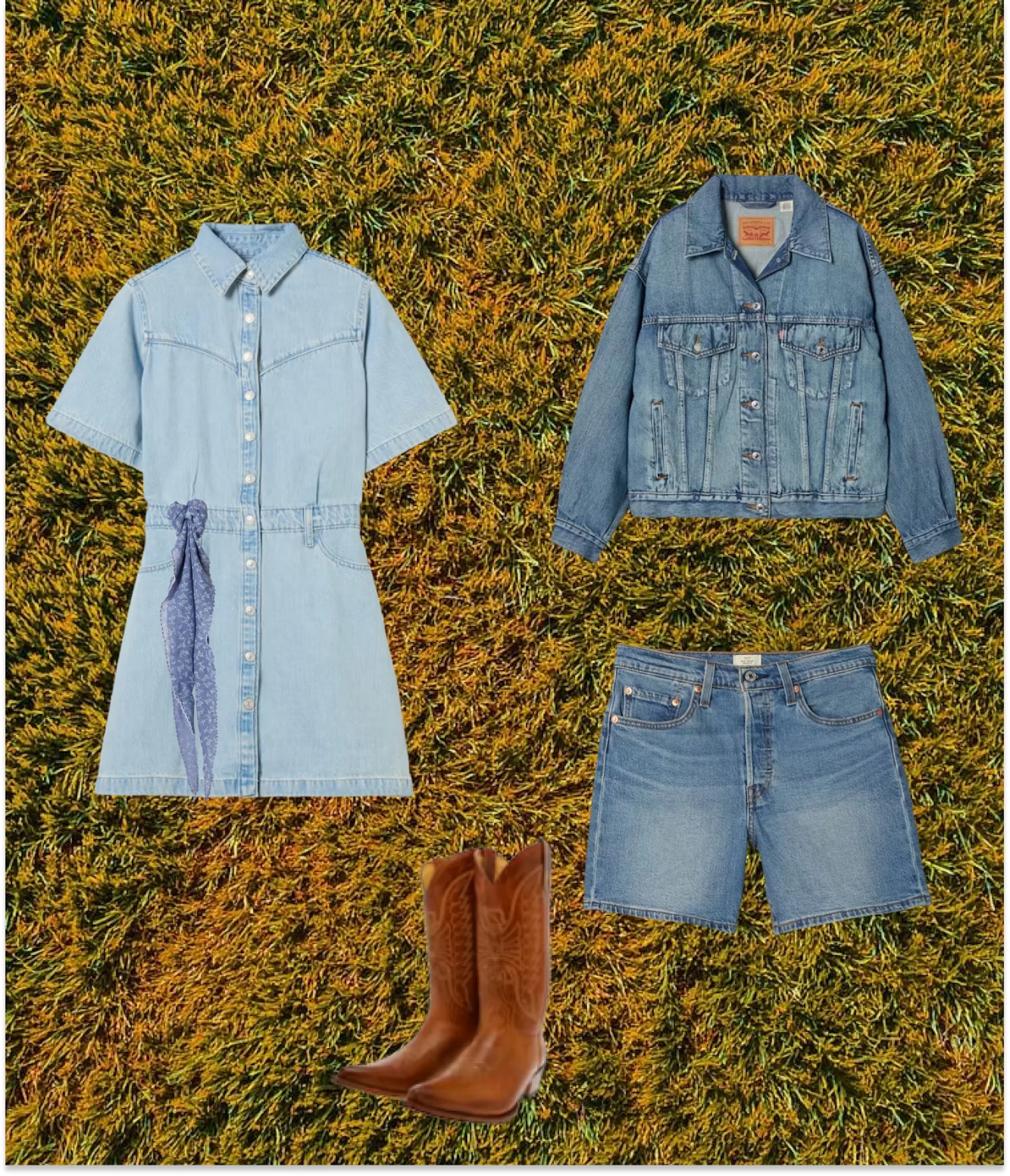 Light wash denim shirt dress with tied scarf, medium denim jacket, denim shorts and brown cowboy boots arranged on grass.