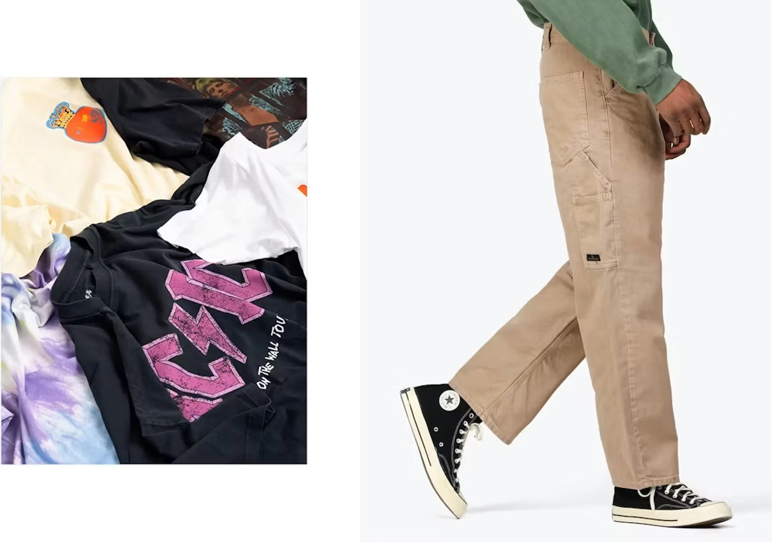 Mann iført sandfargede tømrerbukser og svarte høye Converse-sneakers, går mot høyre på hvit studio­bakgrunn.