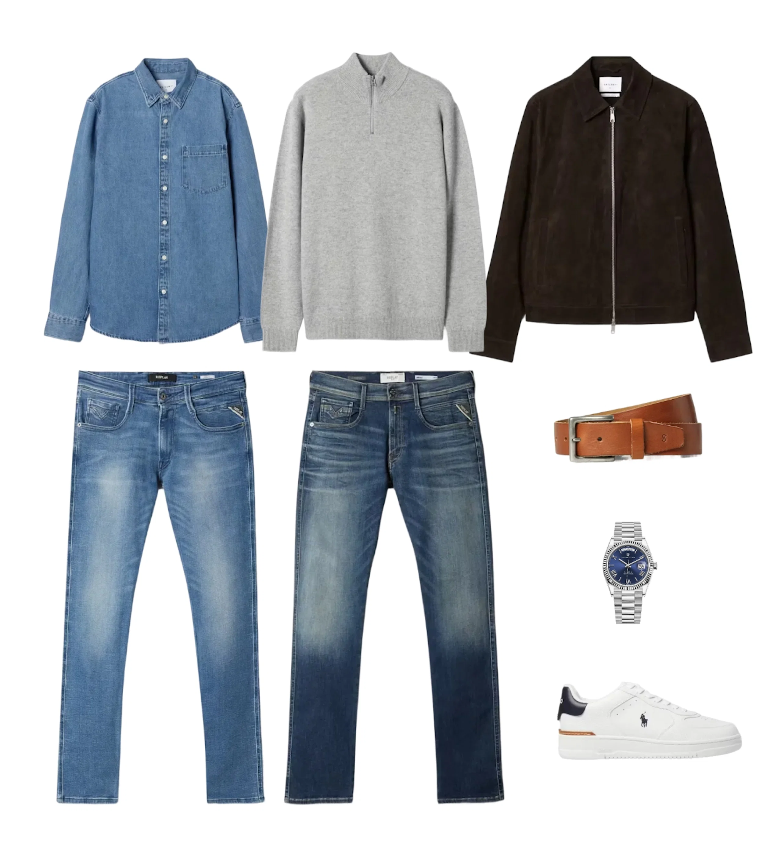 Flat lay of men's casual outfit: denim shirt, grey half-zip sweater, brown suede jacket, two pairs of jeans, brown leather belt, silver watch, white sneakers.