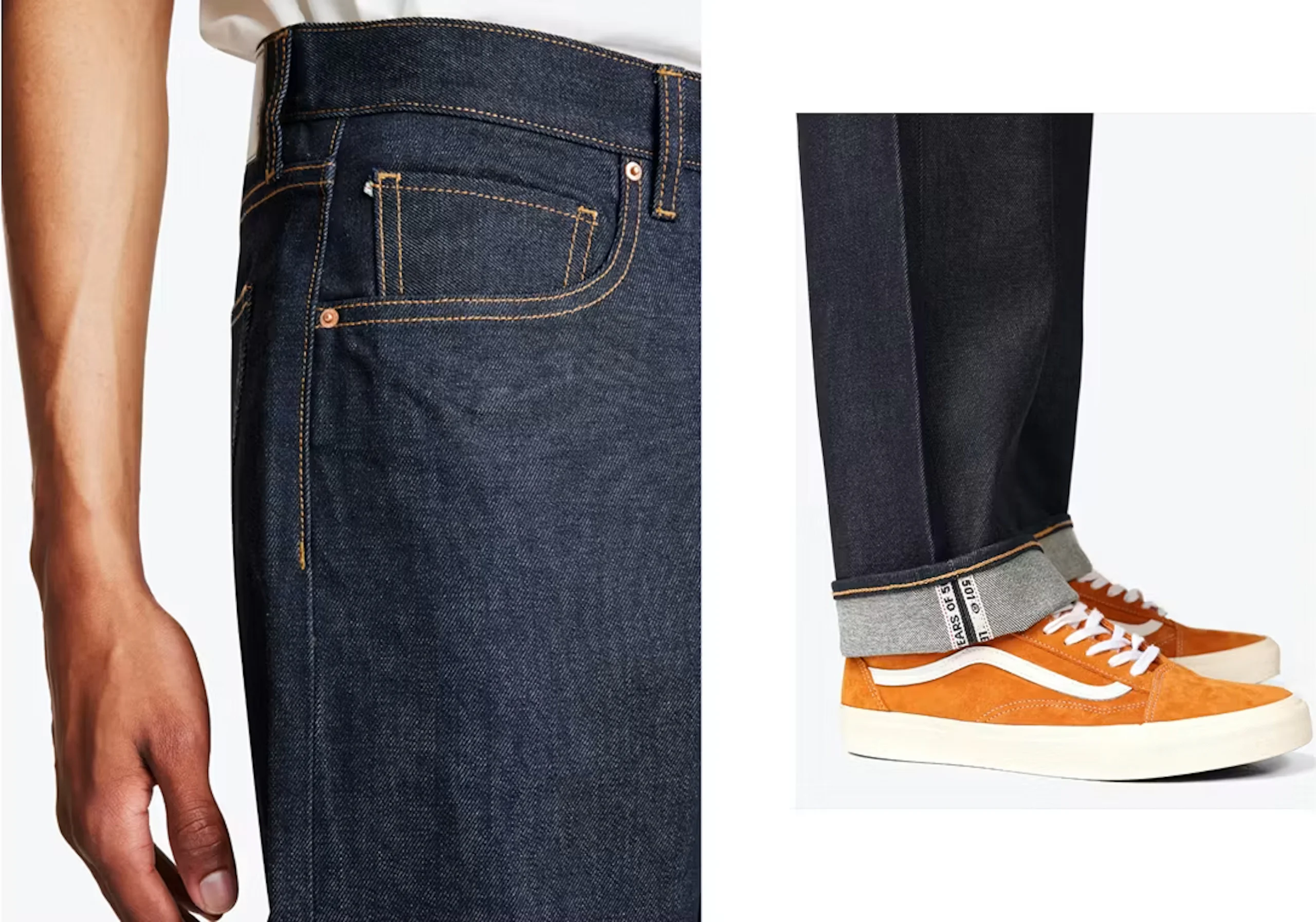 Mörkblå jeans med gula sömmar och kopparnitar, uppvikta ben, parade med orange mocka sneakers.