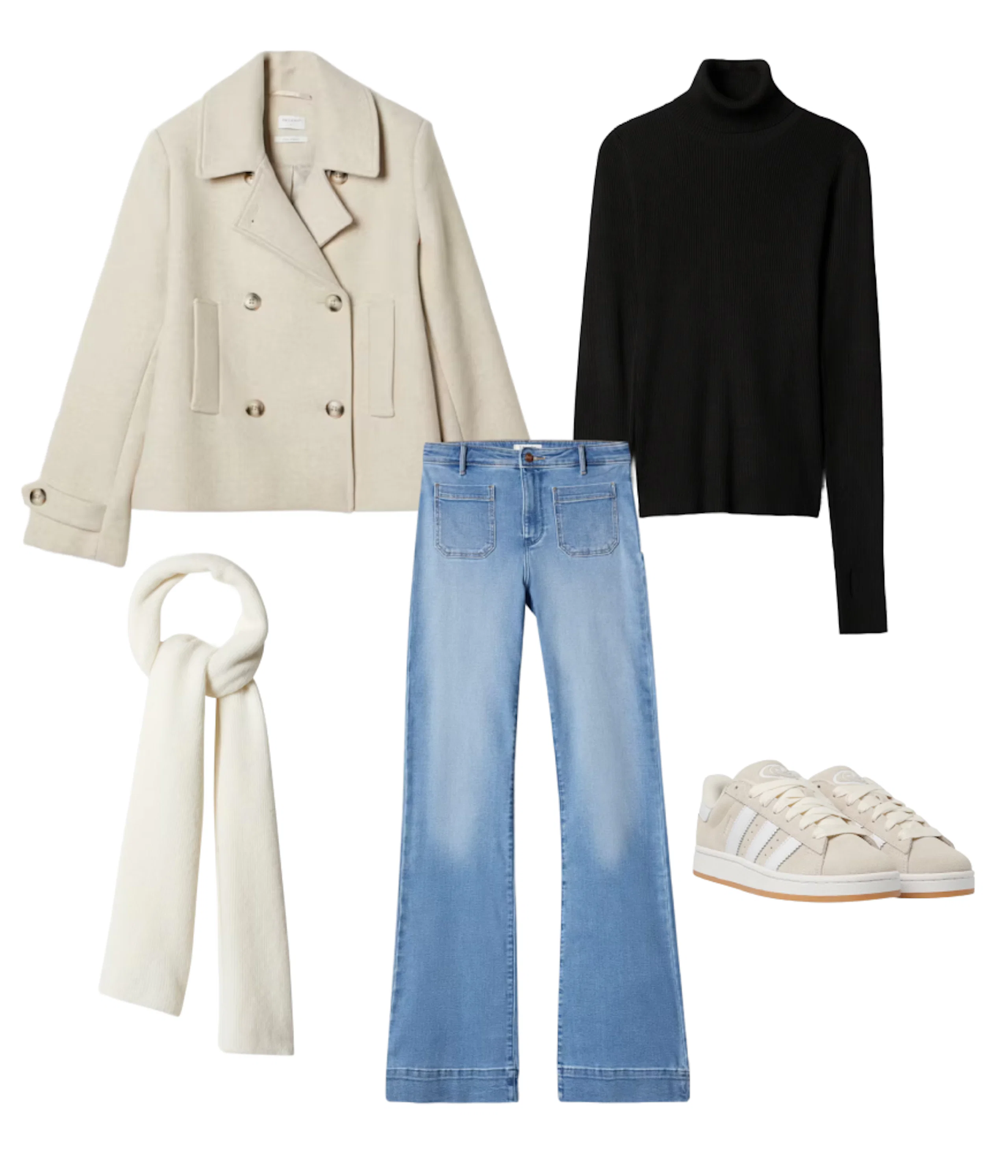 Beige kappa, svart polotröja, ljusblå utsvängda jeans, vit halsduk och beiga sneakers – ett stilrent höstoutfit-förslag.