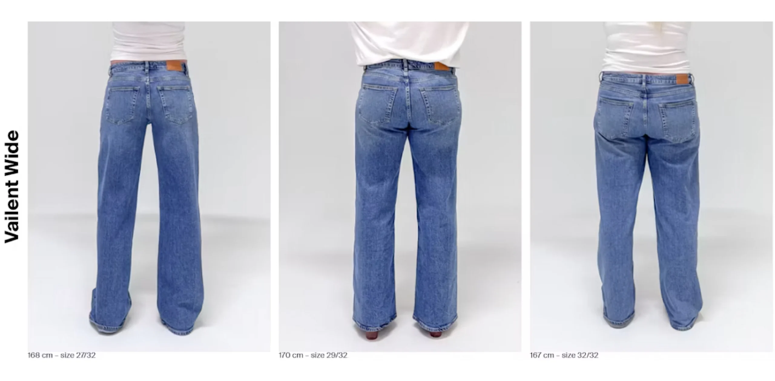 Tre modeller bakfra med blå wide-leg jeans, Vailent Wide, i størrelsene 27/32, 29/32 og 32/32.