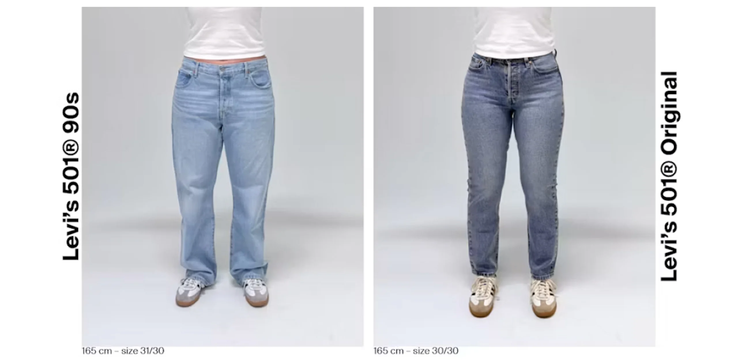 Sammenligning av Levi's 501® 90s (vid passform) og 501® Original (smal passform) i lyseblå denim, begge på 165 cm modell.