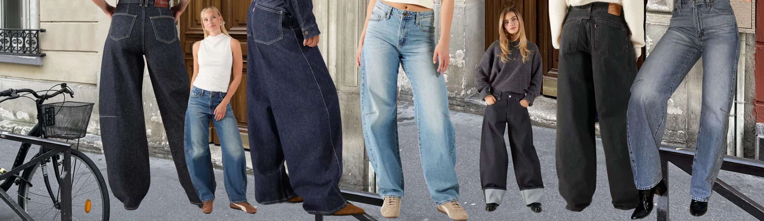 Kvinner i ulike stilarter av vide jeans i mørkeblå, lyseblå og grå farger, fotografert utendørs i urbane omgivelser.