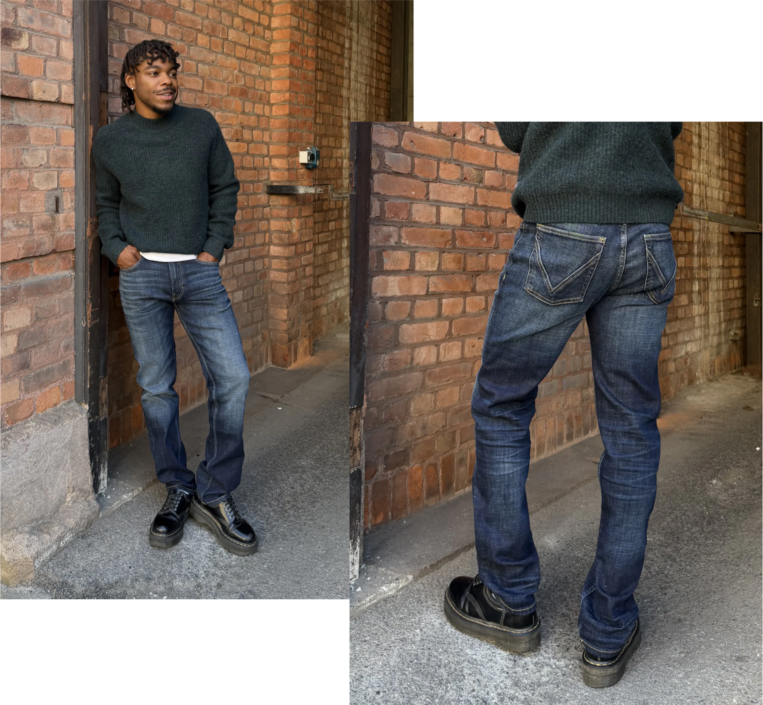 Ung mann iført mørk strikkegenser, blå jeans og svarte sko som lener seg mot en mursteinsvegg i en bakgate med hendene i lommene, vist forfra og bakfra.