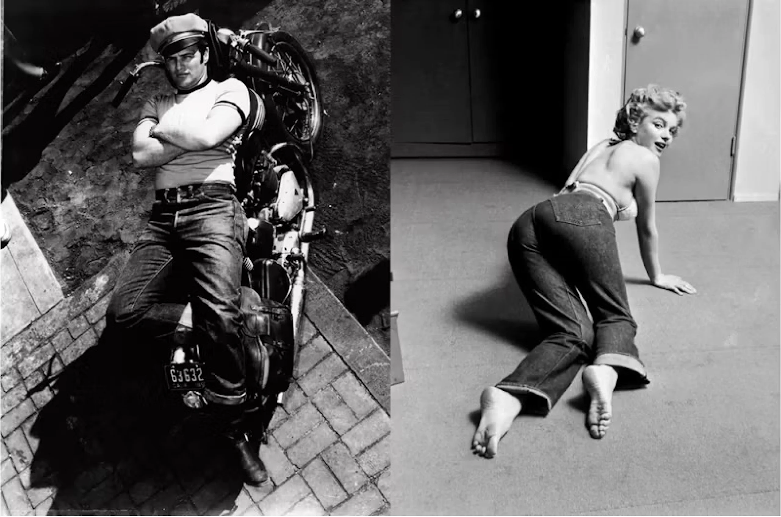 Man i keps som lutar sig på en motorcykel med armarna i kors på en gatubelagd med tegel; kvinna i uppvikta jeans och axelbandslös topp som kryper på heltäckningsmatta och ser tillbaka över axeln.