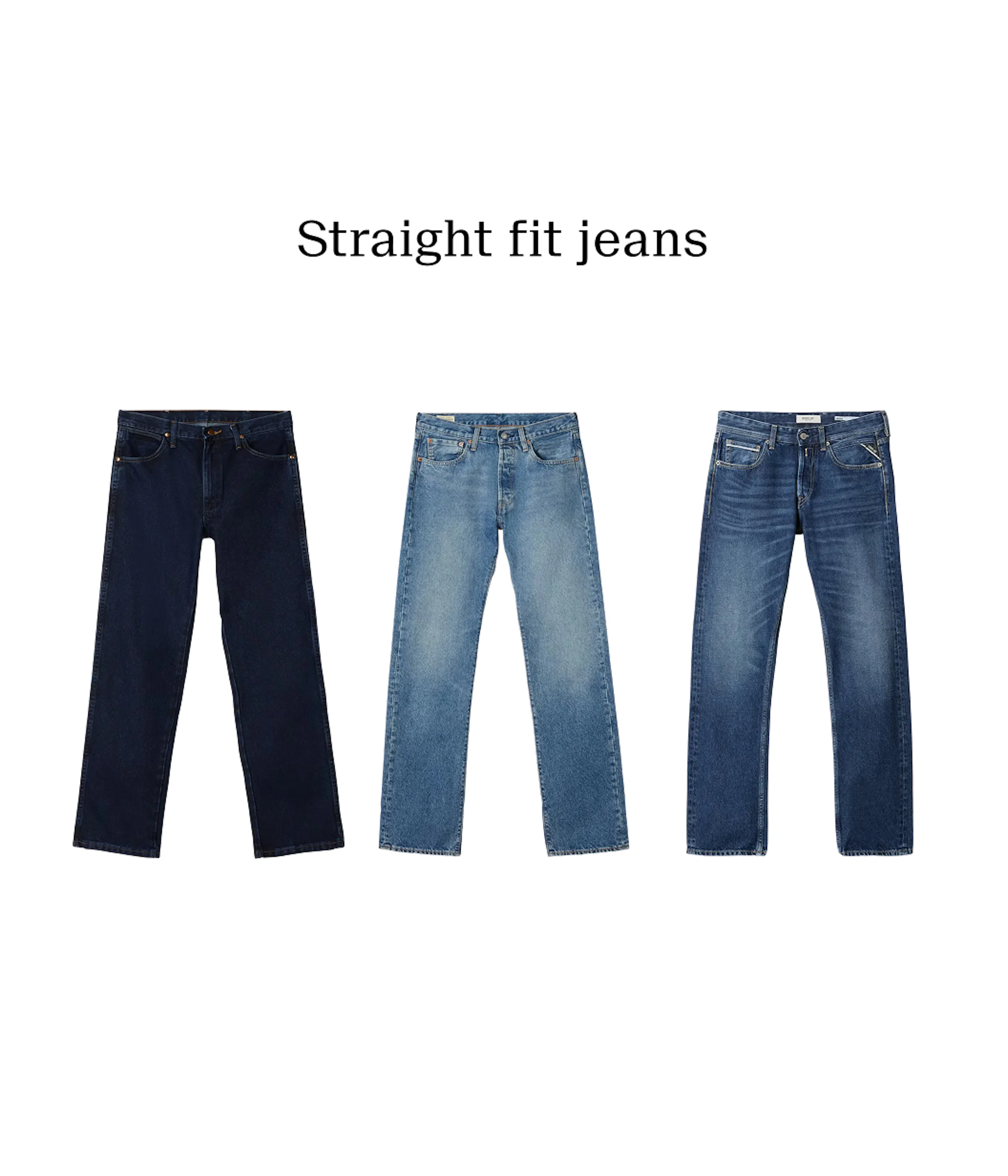 Tre par straight fit jeans i olika blå nyanser: mörkblå, ljusblå tvättad och mellanblå tvättad denim.