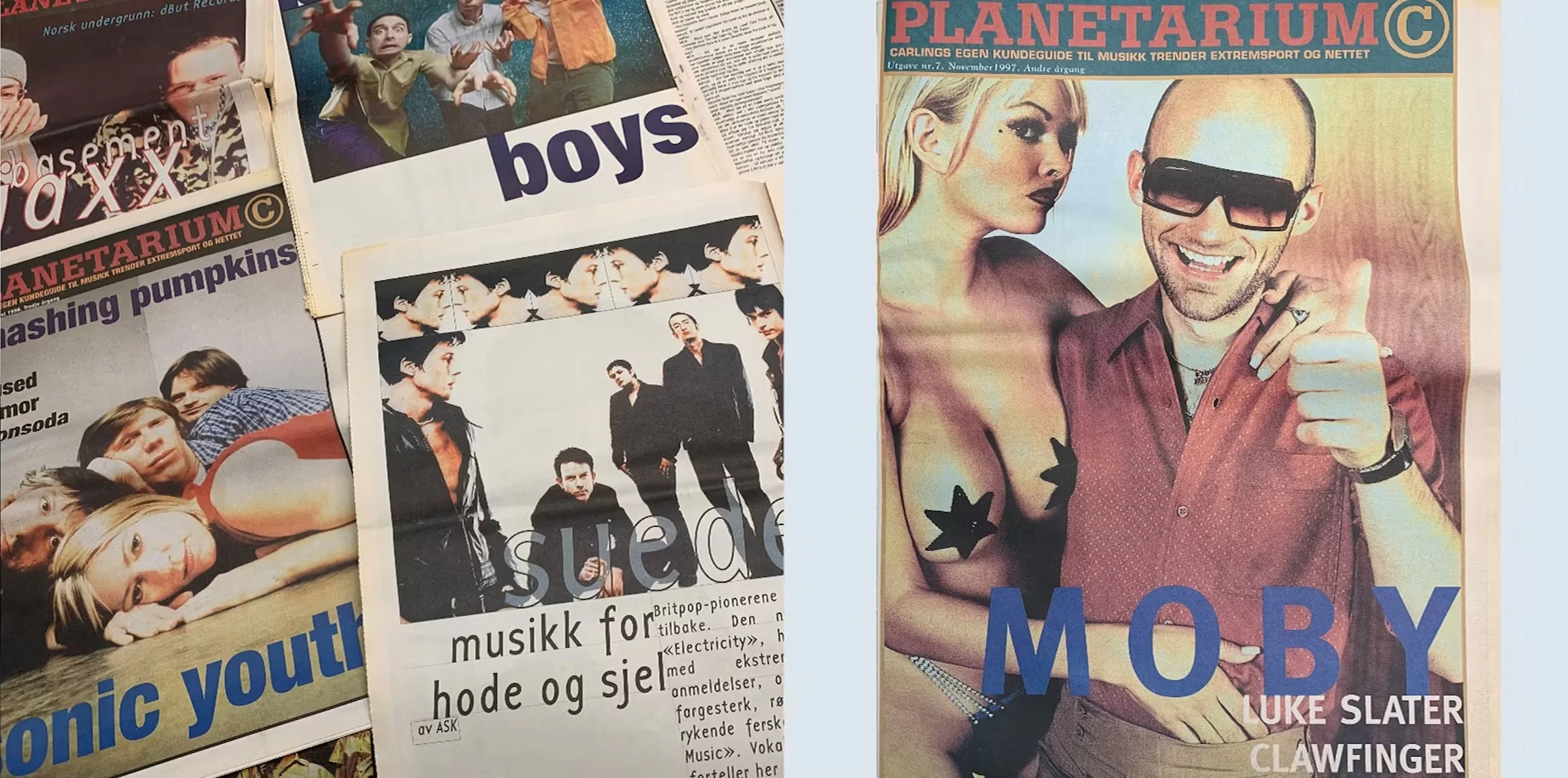 Vintage musiktidningsuppslag som visar staplade omslag och sidor med band, djärva rubriker som "boys" och ett Moby-omslag med en man i solglasögon och en topless kvinna.