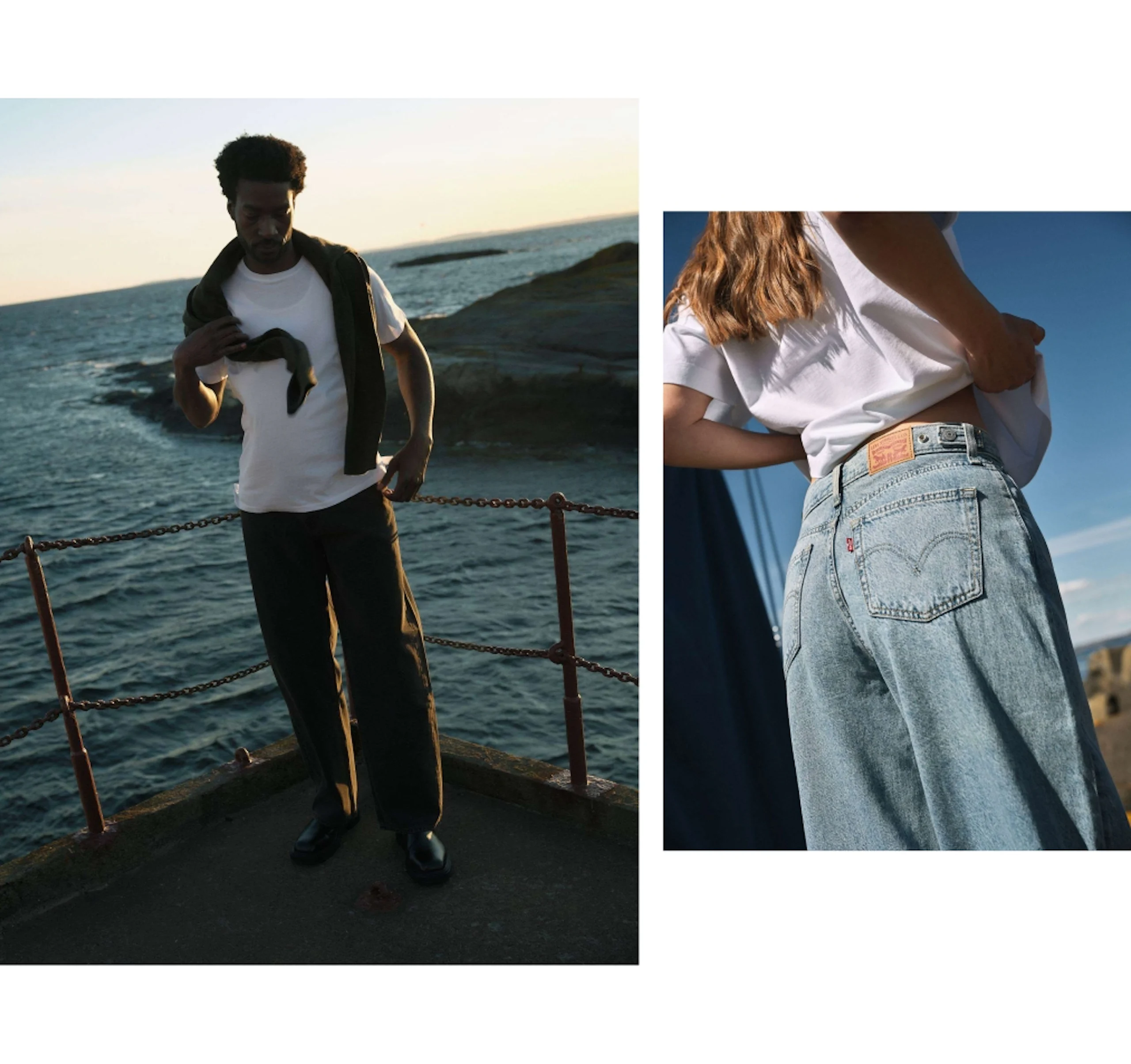 Mies valkoisessa t-paidassa meren rannalla ja lähikuva naisesta Levi's-farkuissa valkoisessa paidassa.