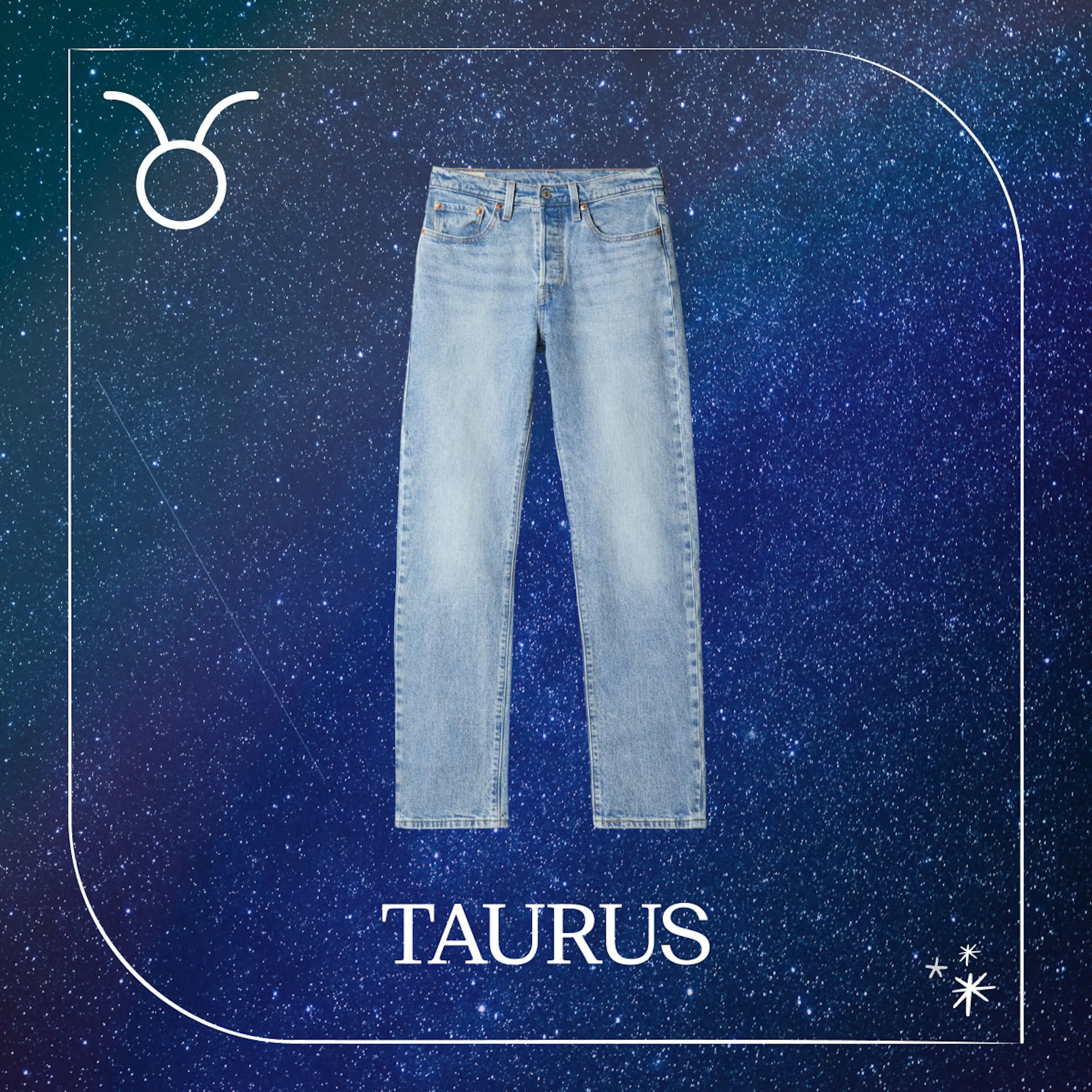 Lyseblå jeans mot en stjernehimmel-bakgrunn med stjernetegnet Tyren og teksten Taurus.