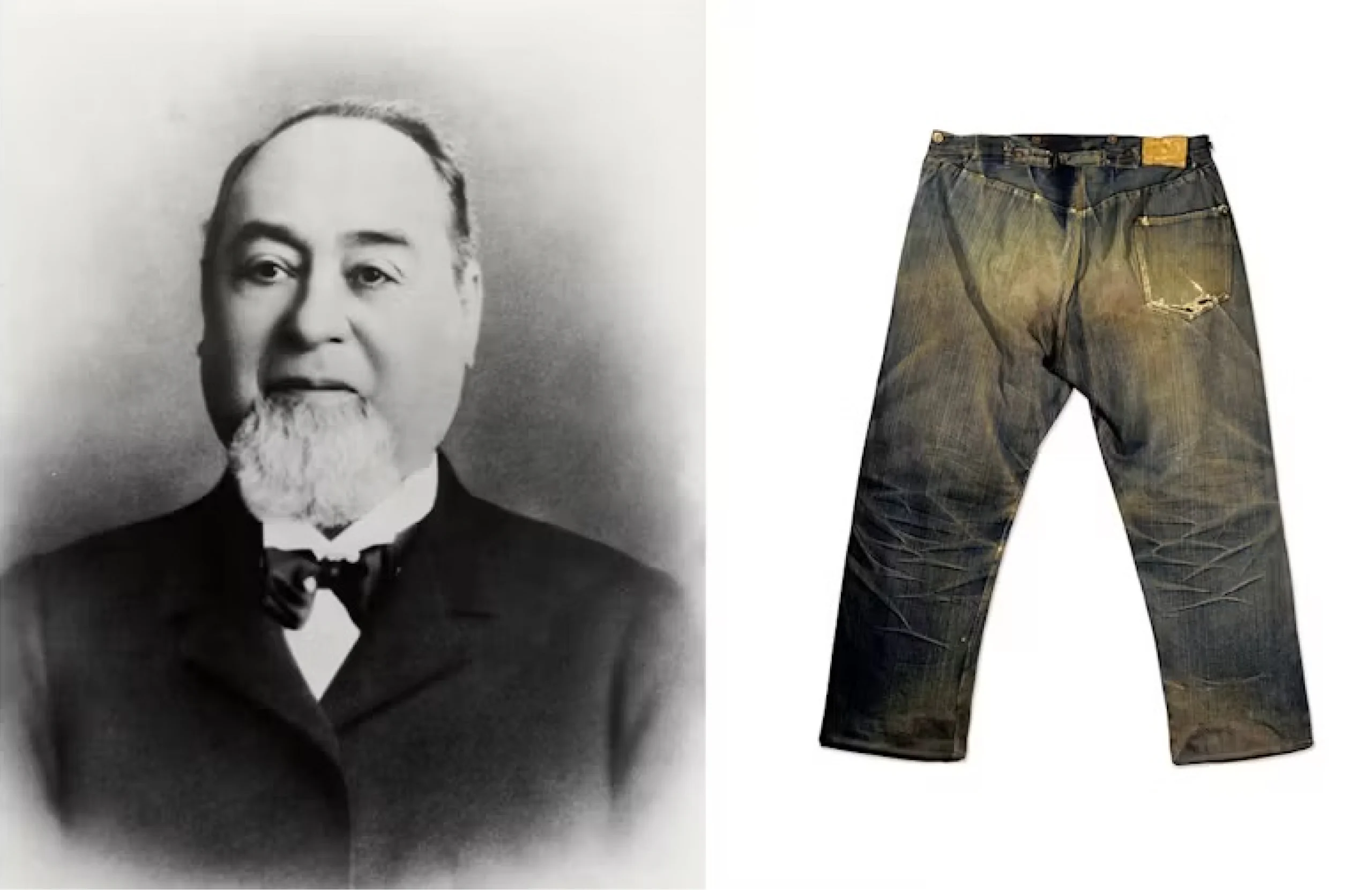 Svartvit porträttbild av en äldre skäggig man i kostym bredvid ett par nötta, blekta jeans med en trasig bakficka.