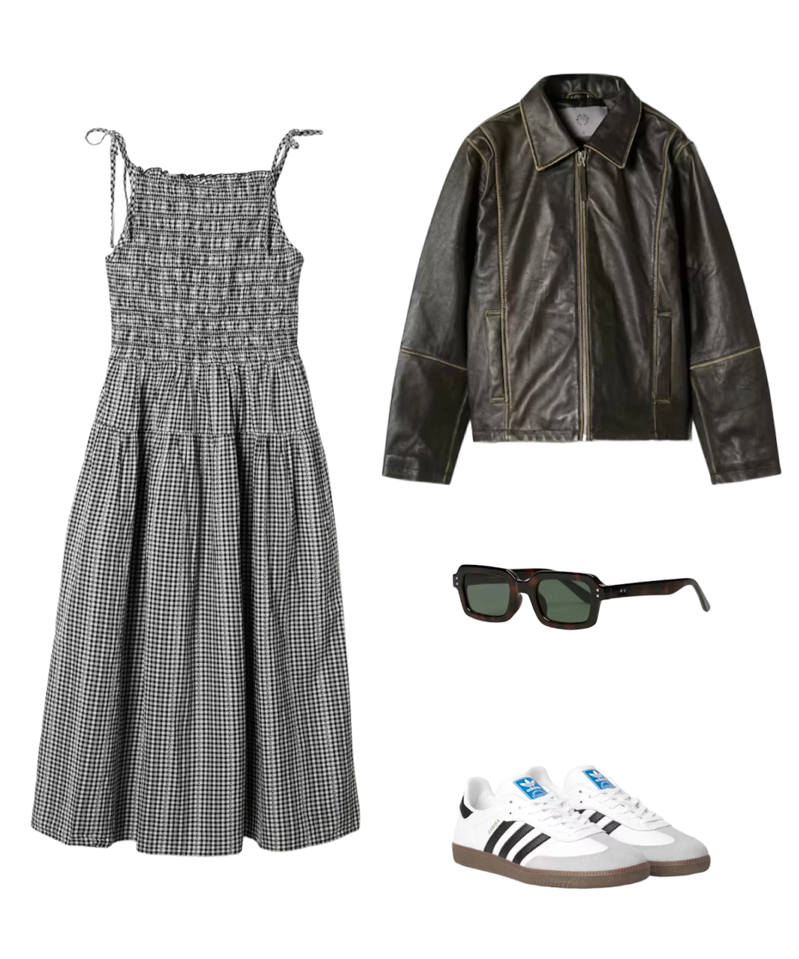 Outfit med rutig klänning i svartvitt, mörkgrön skinnjacka, bruna solglasögon och vita Adidas sneakers.