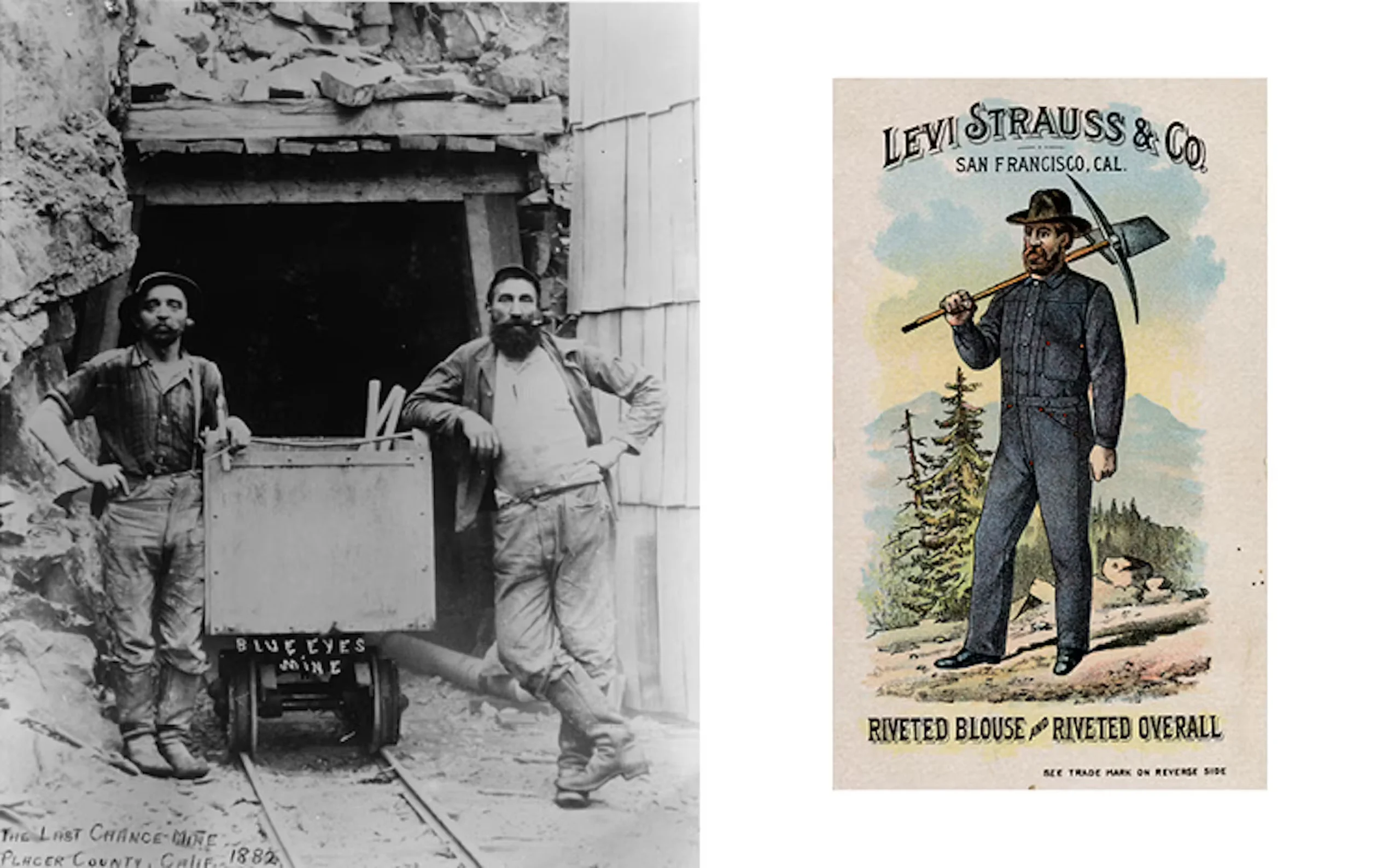 Två gruvarbetare i arbetskläder står bredvid en gruvkärra vid en träport till en tunnel till vänster; till höger visar en gammaldags Levi Strauss-reklam en skäggig man som håller en hacka mot en bergig bakgrund.