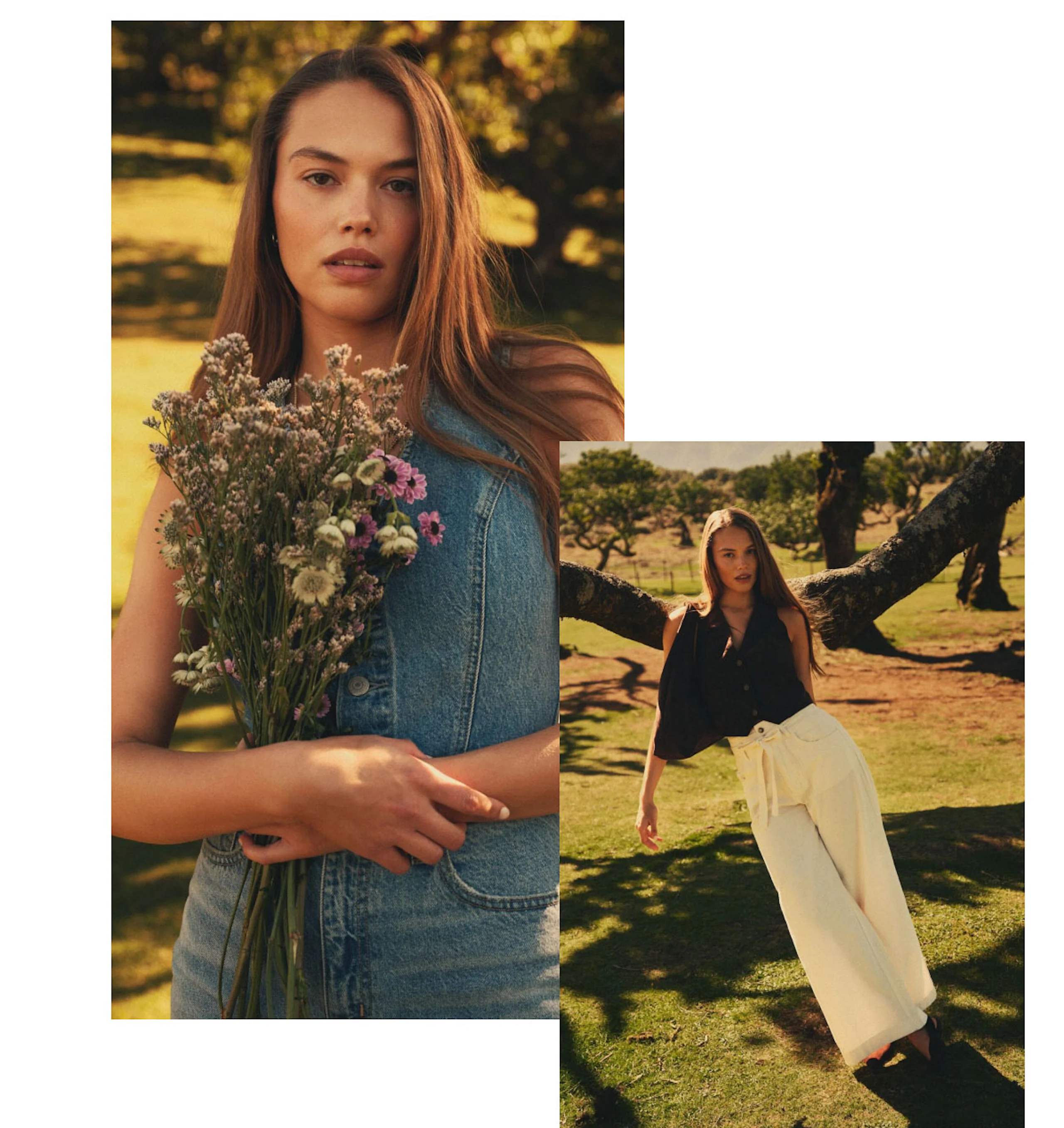 Två bilder: kvinna i blå denimklänning med vildblommor, och kvinna i svart topp med krämfärgade byxor vid ett träd utomhus.