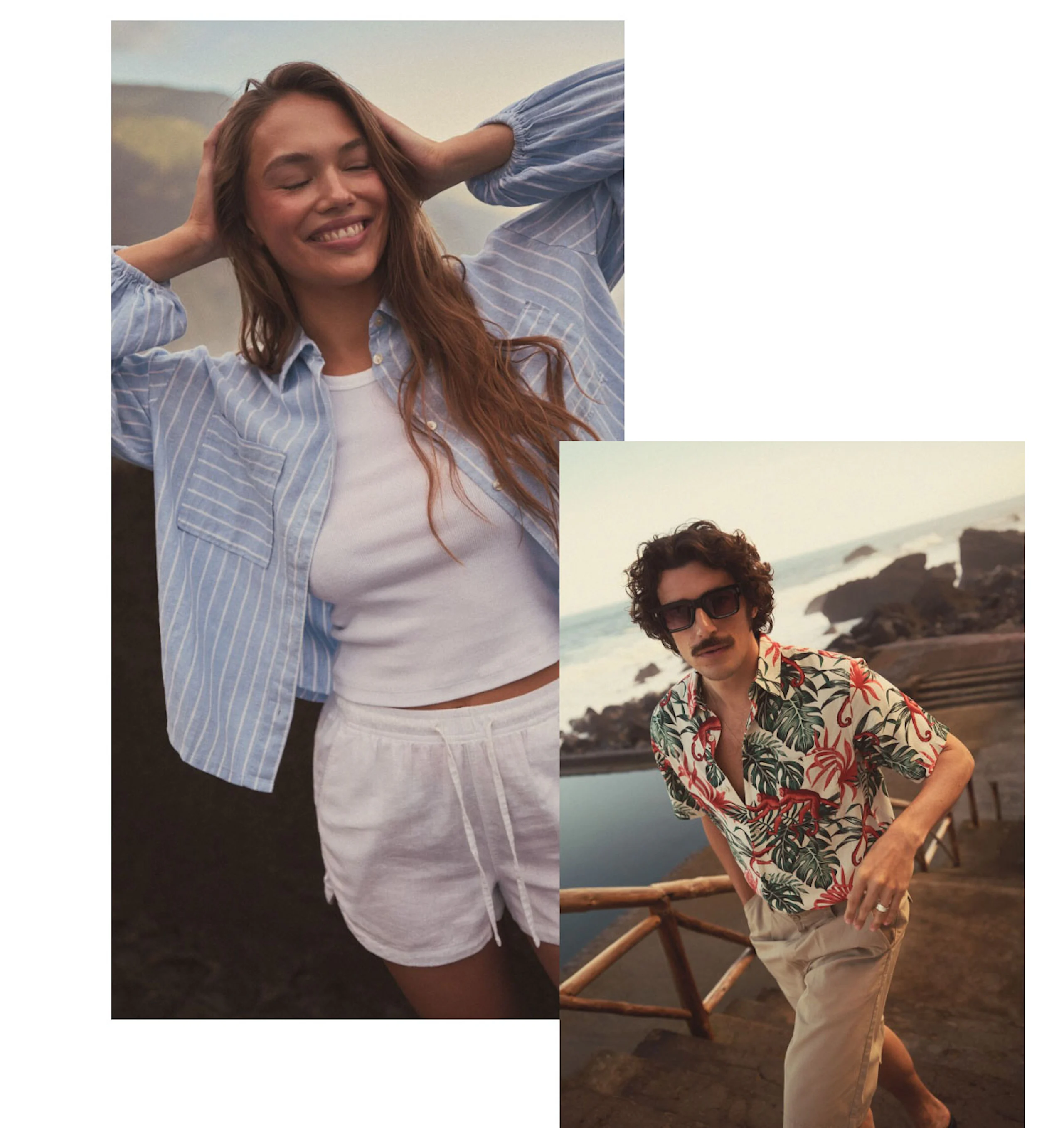Kvinne i blå stripeskjorte og hvite shorts smiler utendørs. Mann i blomstrete skjorte og solbriller poserer ved kysten.