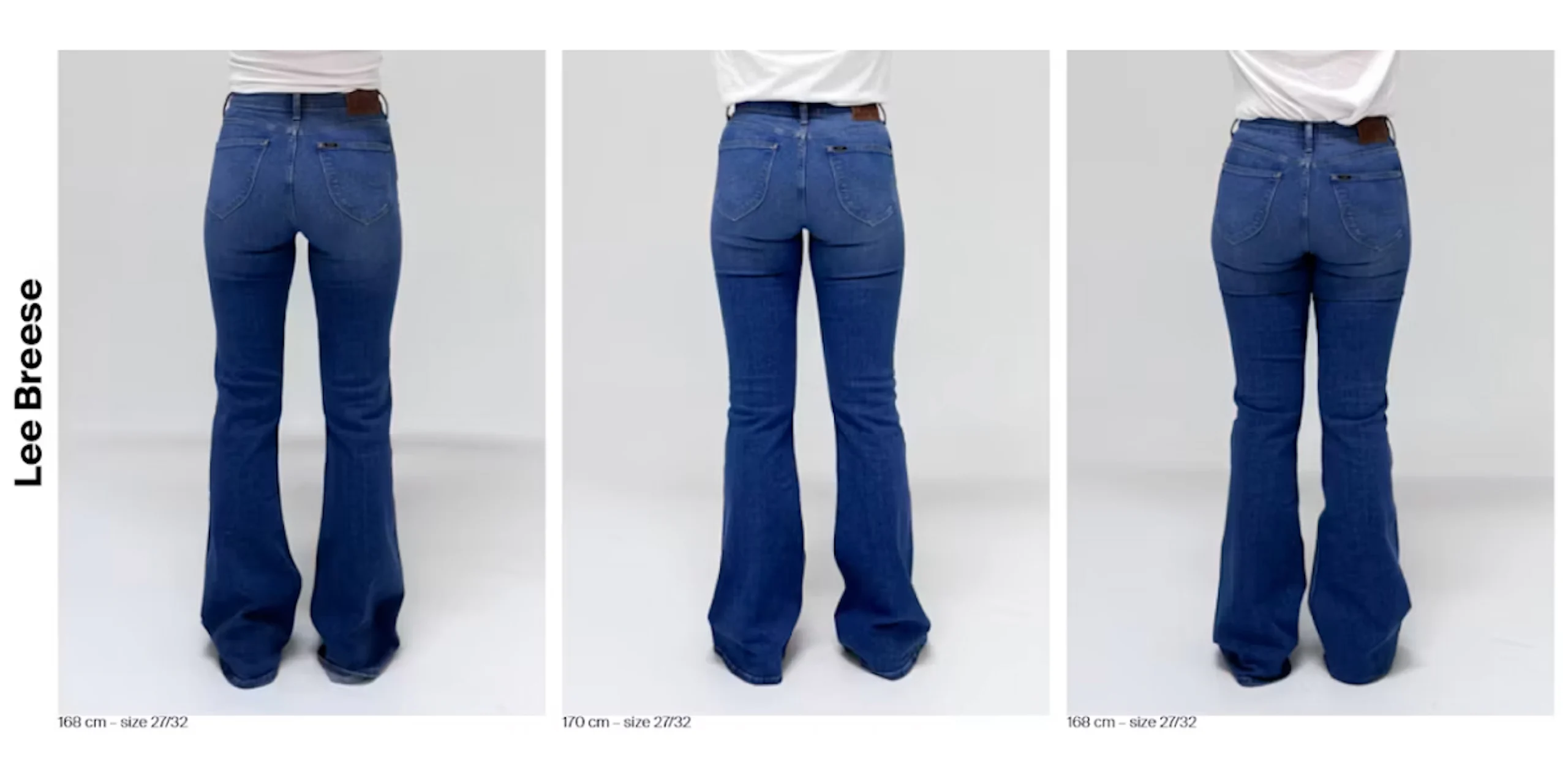 Tre modeller sett bakfra iført Lee Breese blå utsvarte jeans, vist i størrelse 27/32 på høyder 168 og 170 cm.