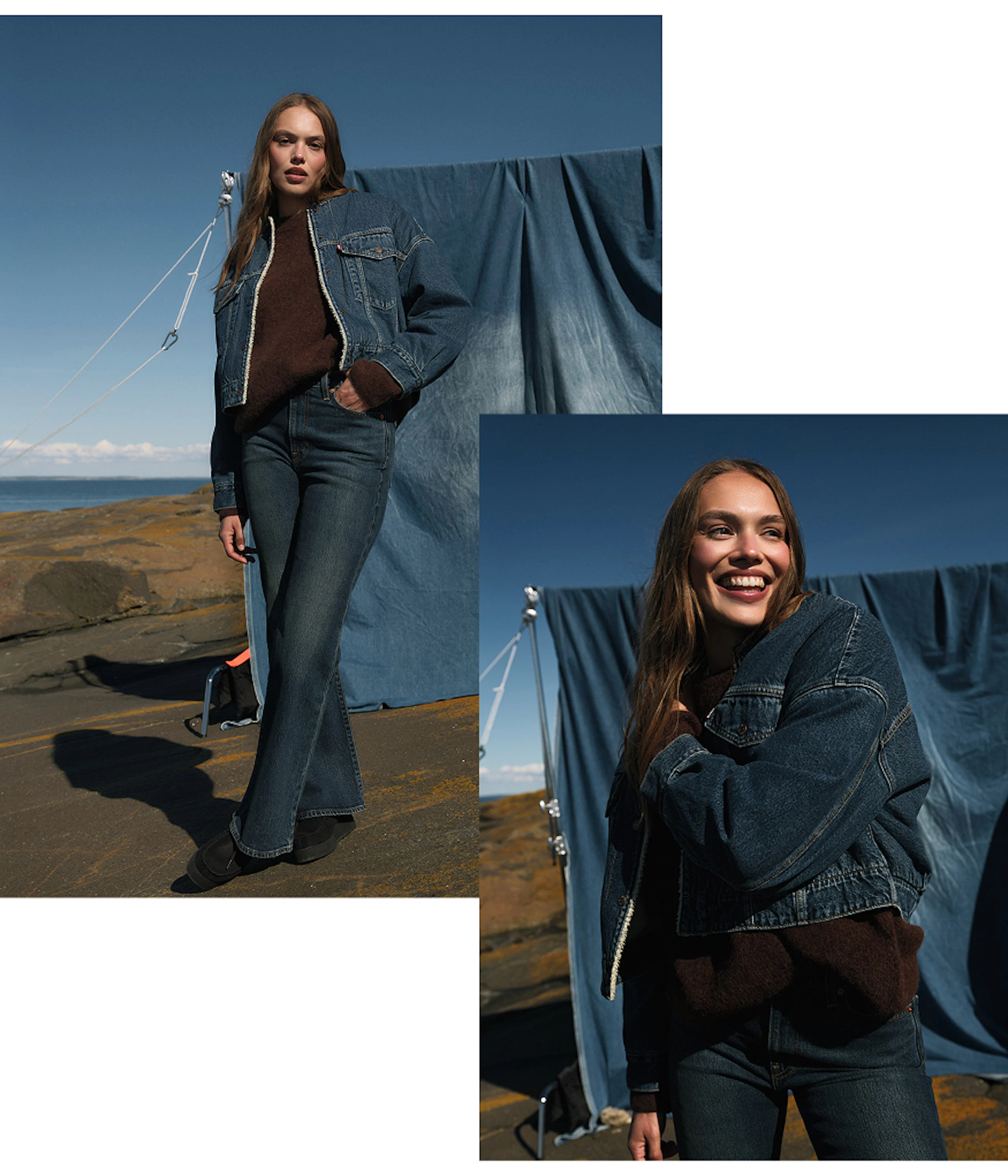 Kvinne i denimjakke og vide jeans utendørs ved havet. Nærbilde viser henne smilende i denimjakke og brun genser.