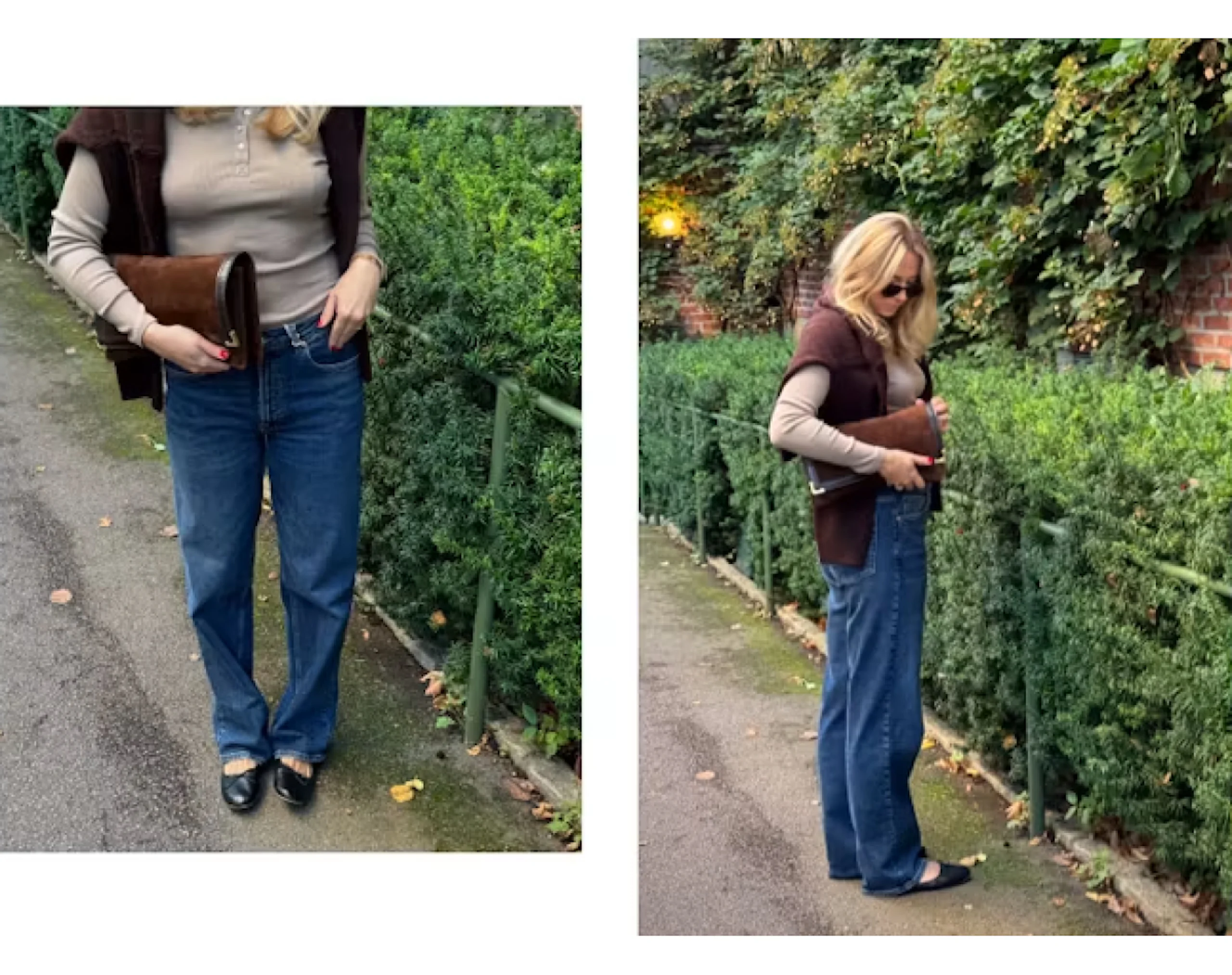 Blond kvinna i vida jeans, beige topp, brun väst och svarta skor håller en brun clutch utomhus vid gröna häckar.