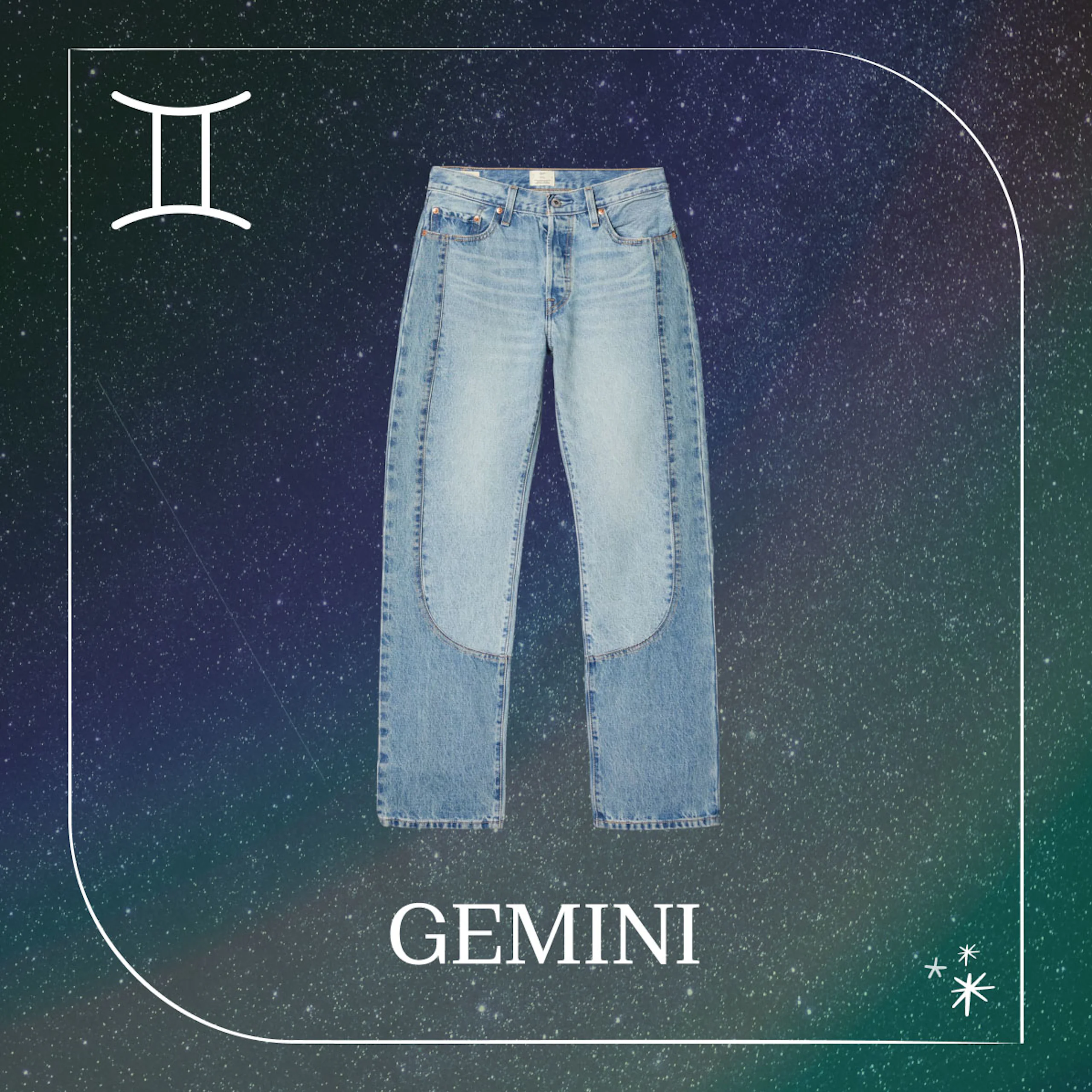 Lyseblå jeans med tofarget design mot stjernehimmel-bakgrunn, med Gemini-stjernetegnsymbol og tekst.