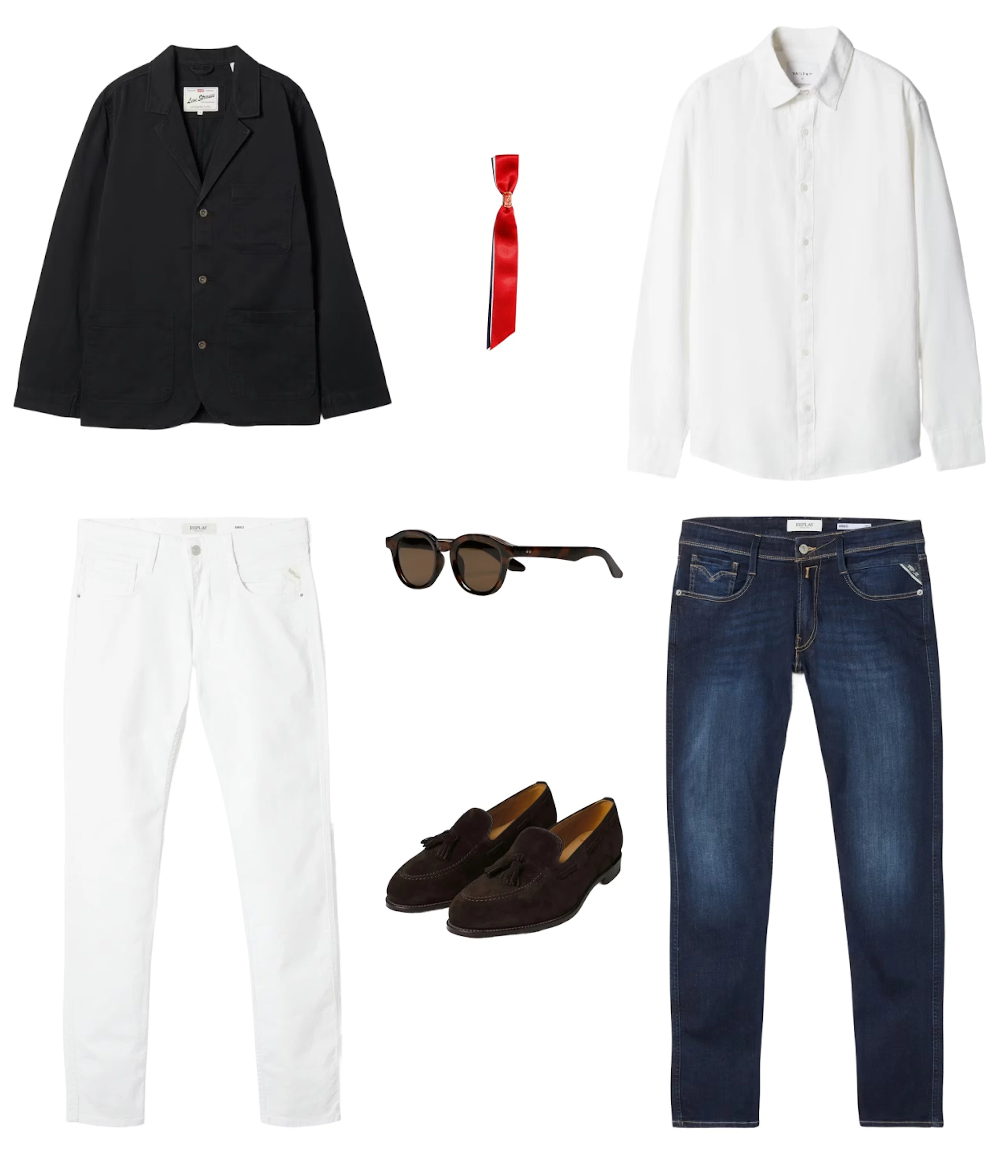 Herreklær: sort blazer, hvit skjorte, rød sløyfe, hvite og blå jeans, brune loafers og solbriller.