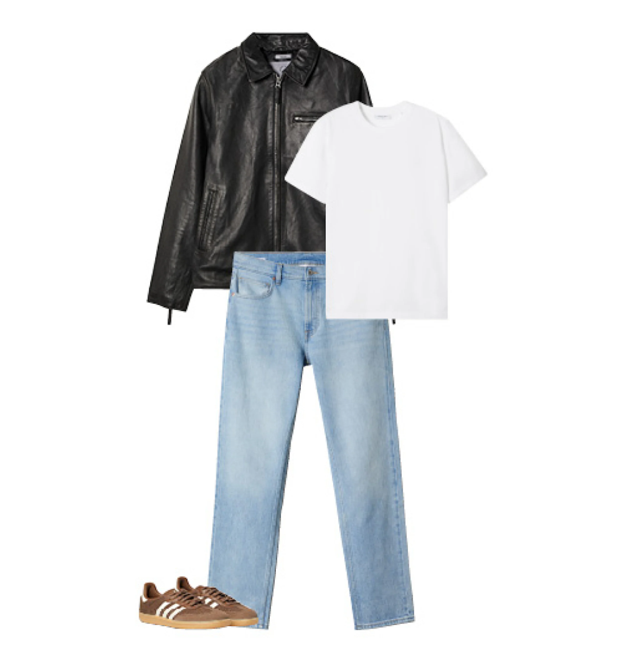 Outfit med svart skinnjacka, vit t-shirt, ljusblå jeans och bruna sneakers med vita ränder.