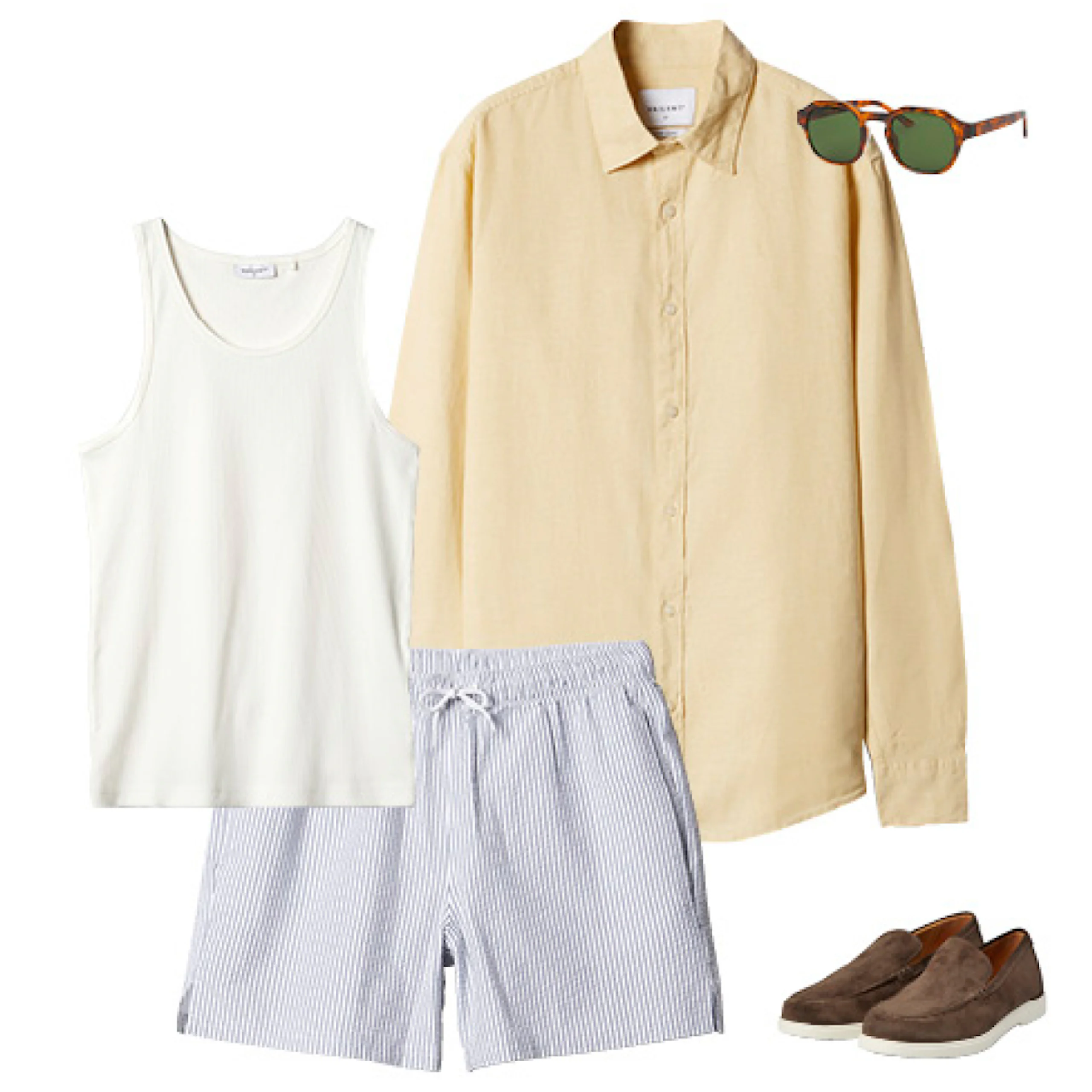 Sommaroutfit med vit linne, gul skjorta, randiga shorts, bruna loafers och sköldpaddsmönstrade solglasögon.