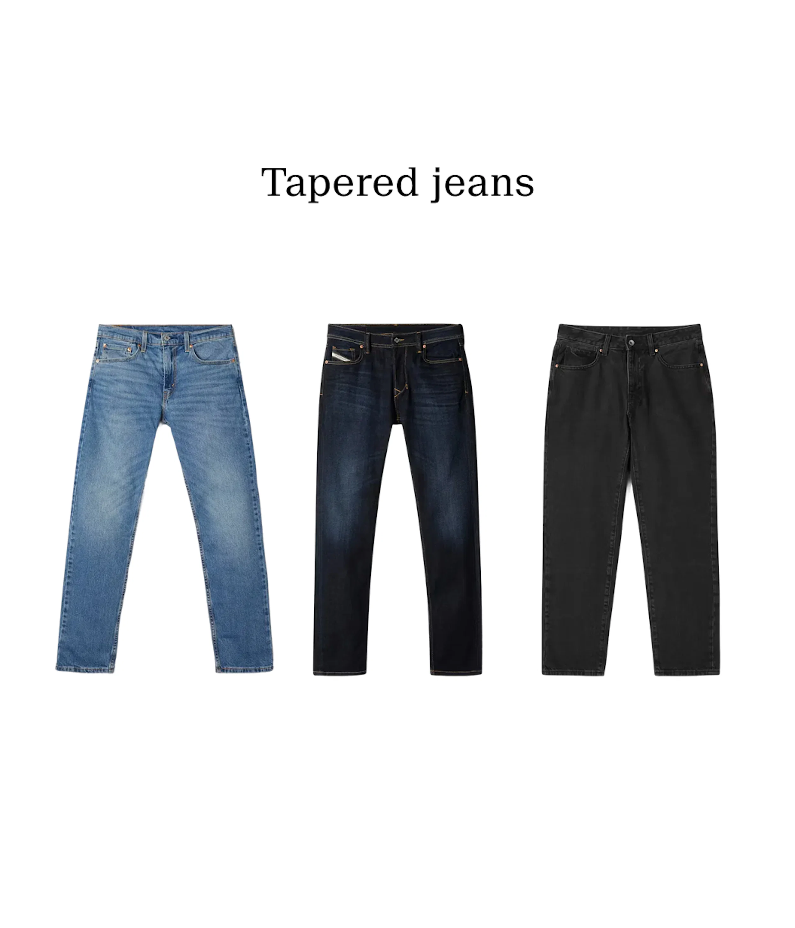 Tre par tapered jeans i blått, mörkblått och svart visas mot vit bakgrund med texten "Tapered jeans" ovanför.