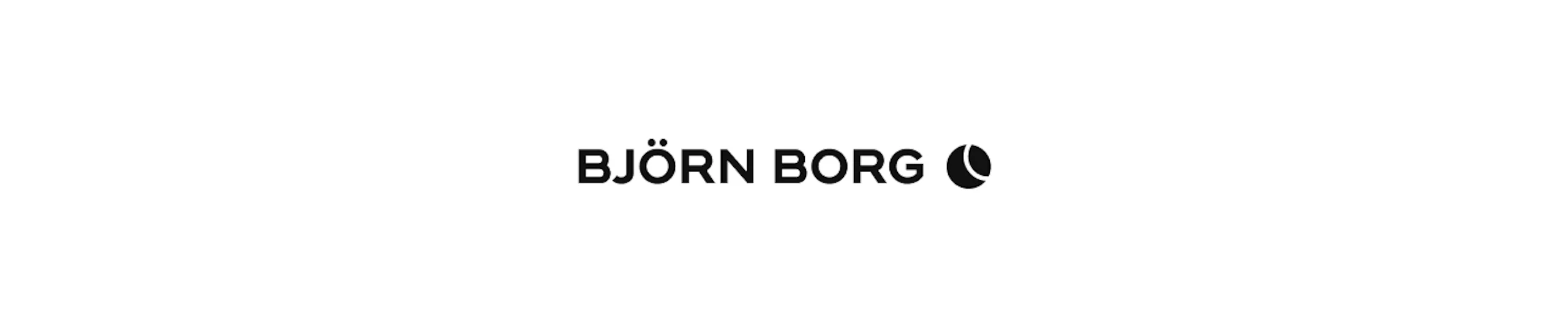 Björn Borg -brändin musta logo valkoisella taustalla, teksti ja tennispalloa esittävä kuvake.
