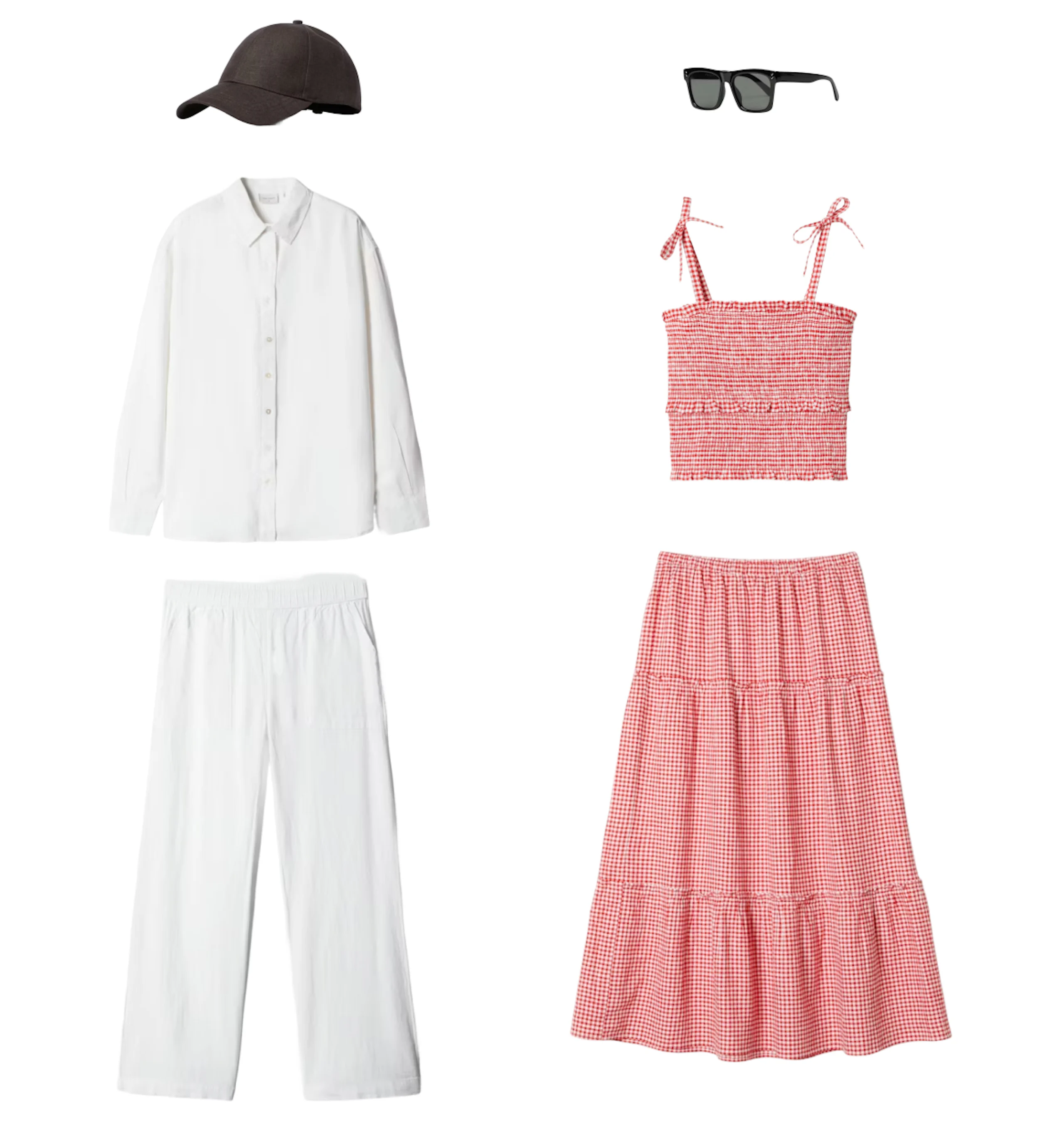 To antrekk: hvit skjorte med bukser og mørk caps, samt rødt rutete crop top med skjørt og svarte solbriller.