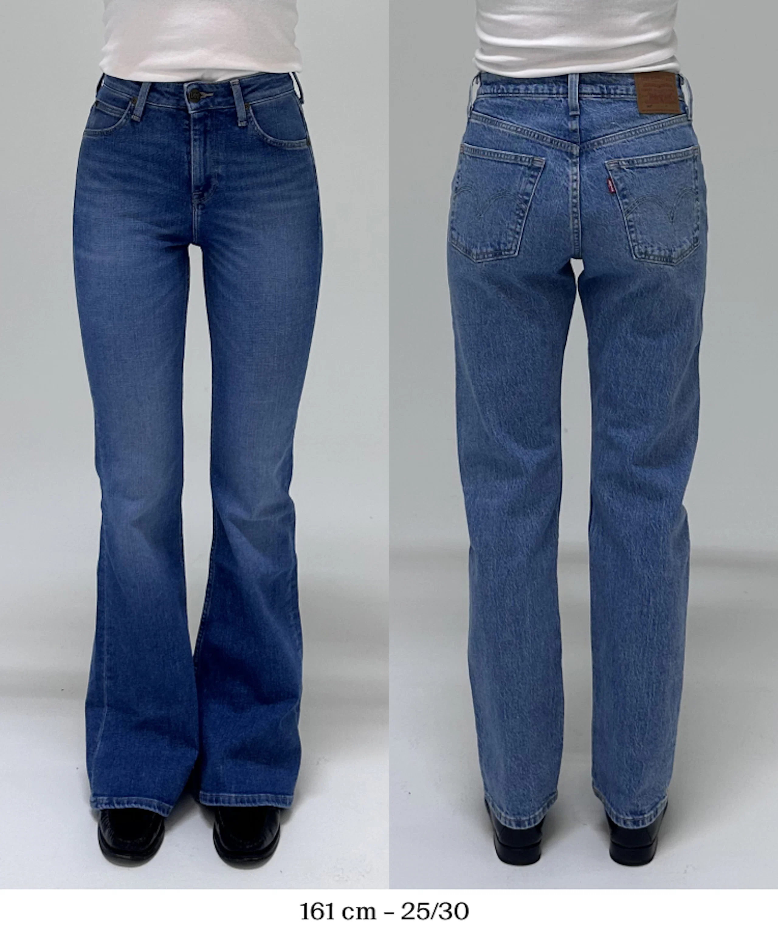 Blå Levi's bootcut jeans vist forfra og bakfra på modell, størrelse 25/30, modellhøyde 161 cm.