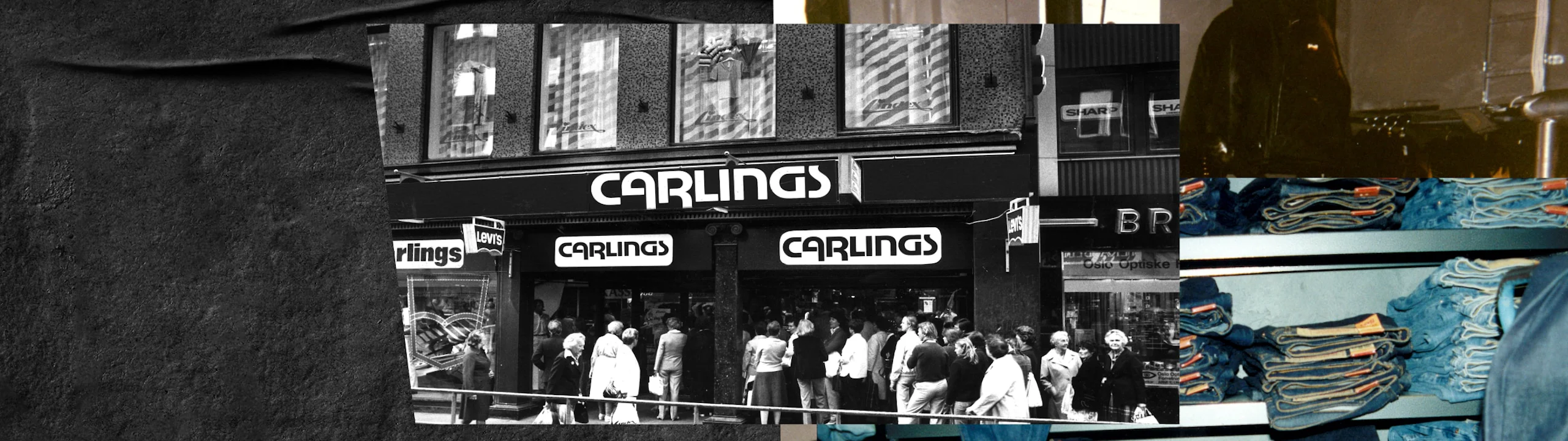 Svart-hvitt butikksfasade med "Carlings"-skilt og en folkemengde av kunder samlet utenfor i en bygate.