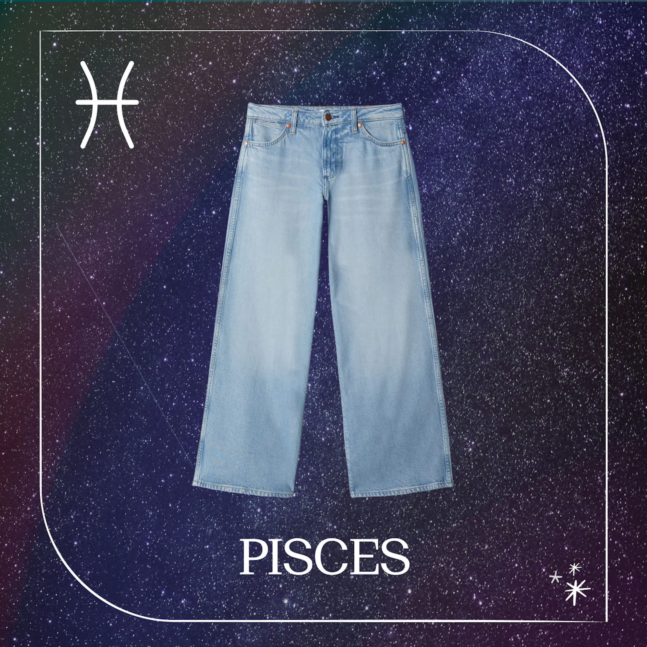 Lyseblå wide-leg jeans mot en stjernehimmel-bakgrunn med stjernetegnet Fiskene og teksten "Pisces".
