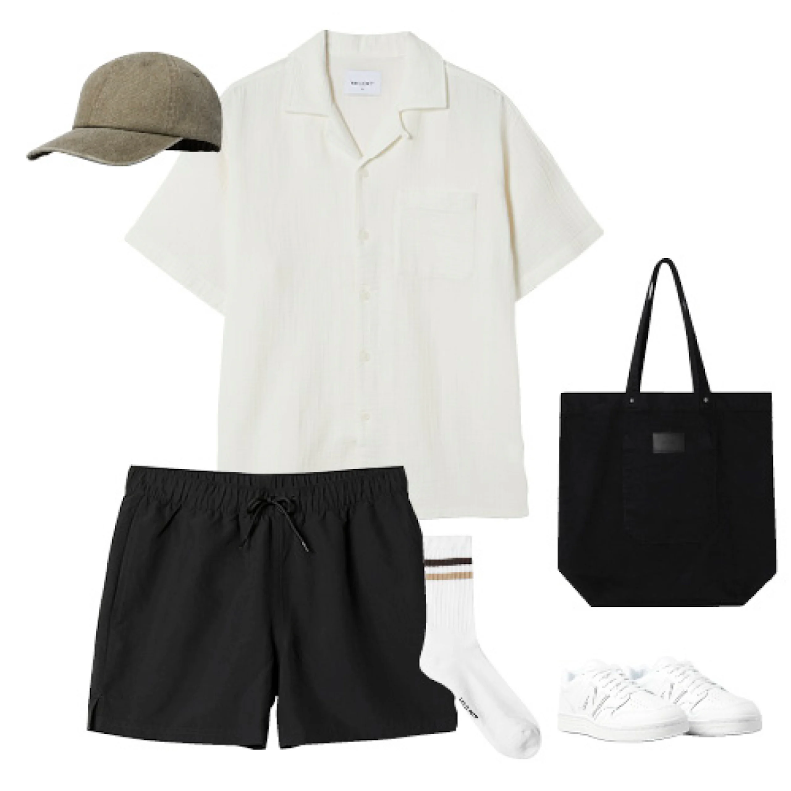 Outfitkollaž med vit kortärmad skjorta, svarta shorts, olivgrön keps, vita strumpor, vita sneakers och svart tygväska.