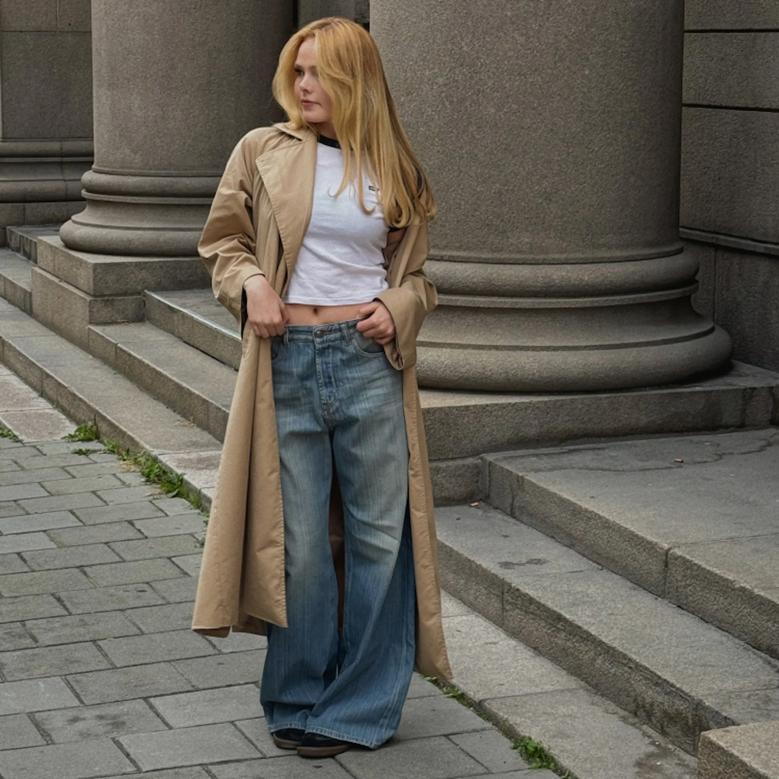 Nuori nainen seisoo kivipylväiden edessä beige trenssitakki, valkoinen crop top ja leveälahkeiset farkut yllään.