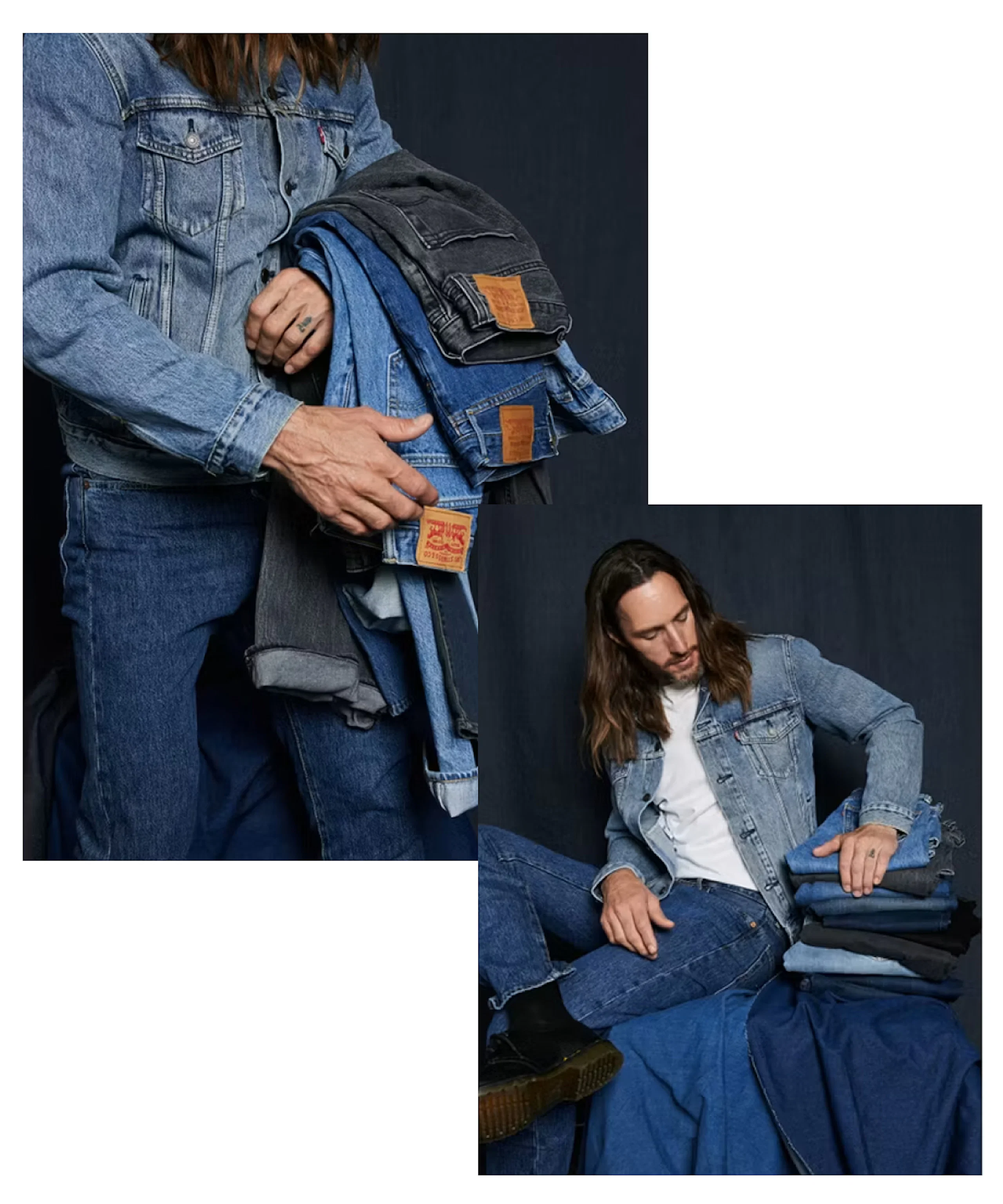 Man med långt hår i Levi's denimjacka håller flera jeans i olika blå nyanser. Sitter även med en trave jeans bredvid sig.