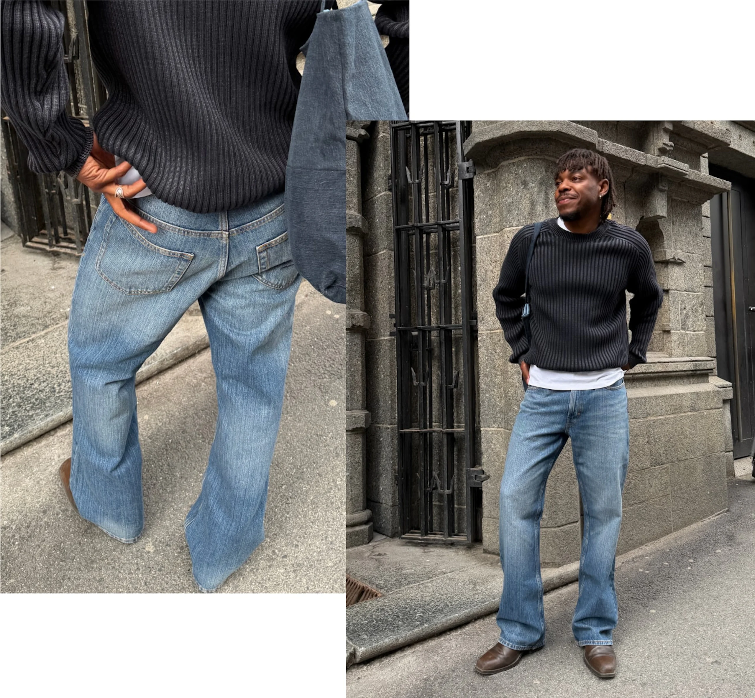 Mann iført ribbestrikket svart genser, falmede viddejeans og brune sko, stående og smilende foran en steinfasade.